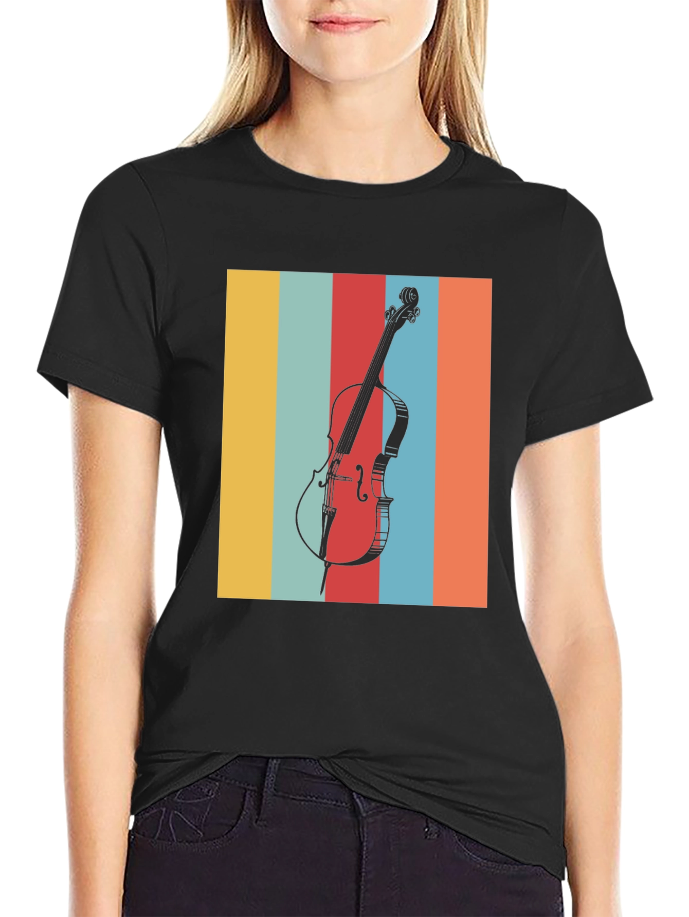 Black Retro Cello Graphic Tee - Music Lover's T-Shirt view 2