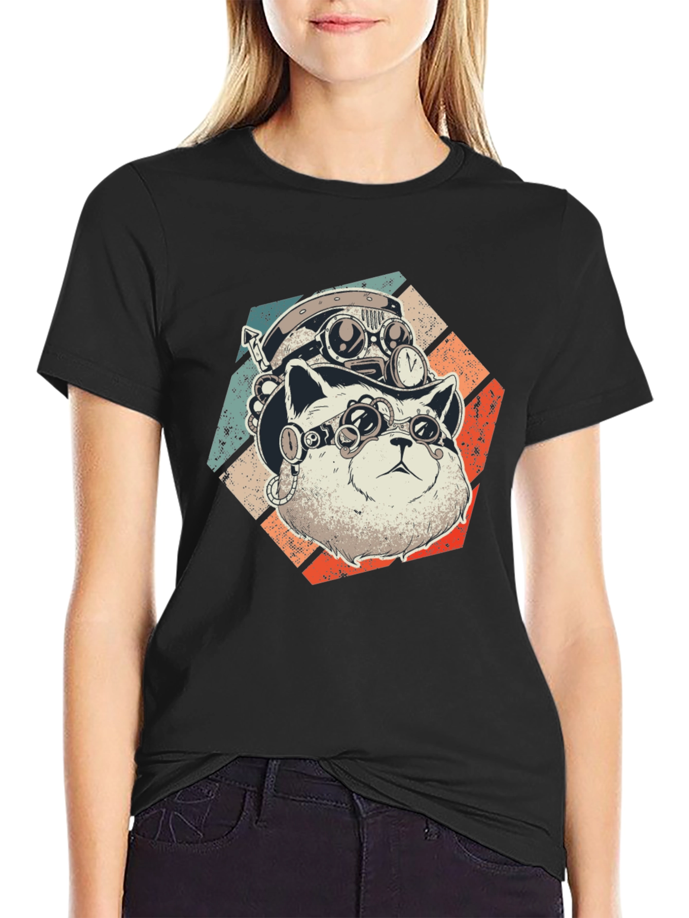 Black Steampunk Cat T-Shirt - Retro Style  view 2