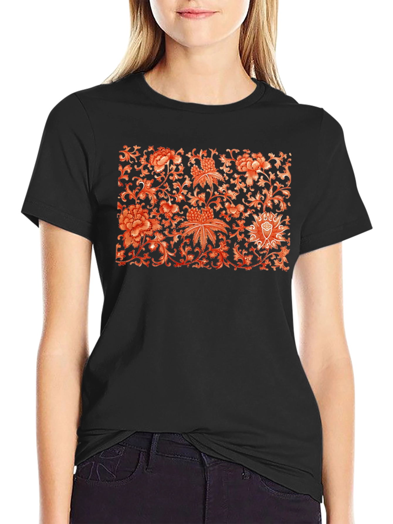 Black Floral Pattern Graphic Print T-Shirt view 2