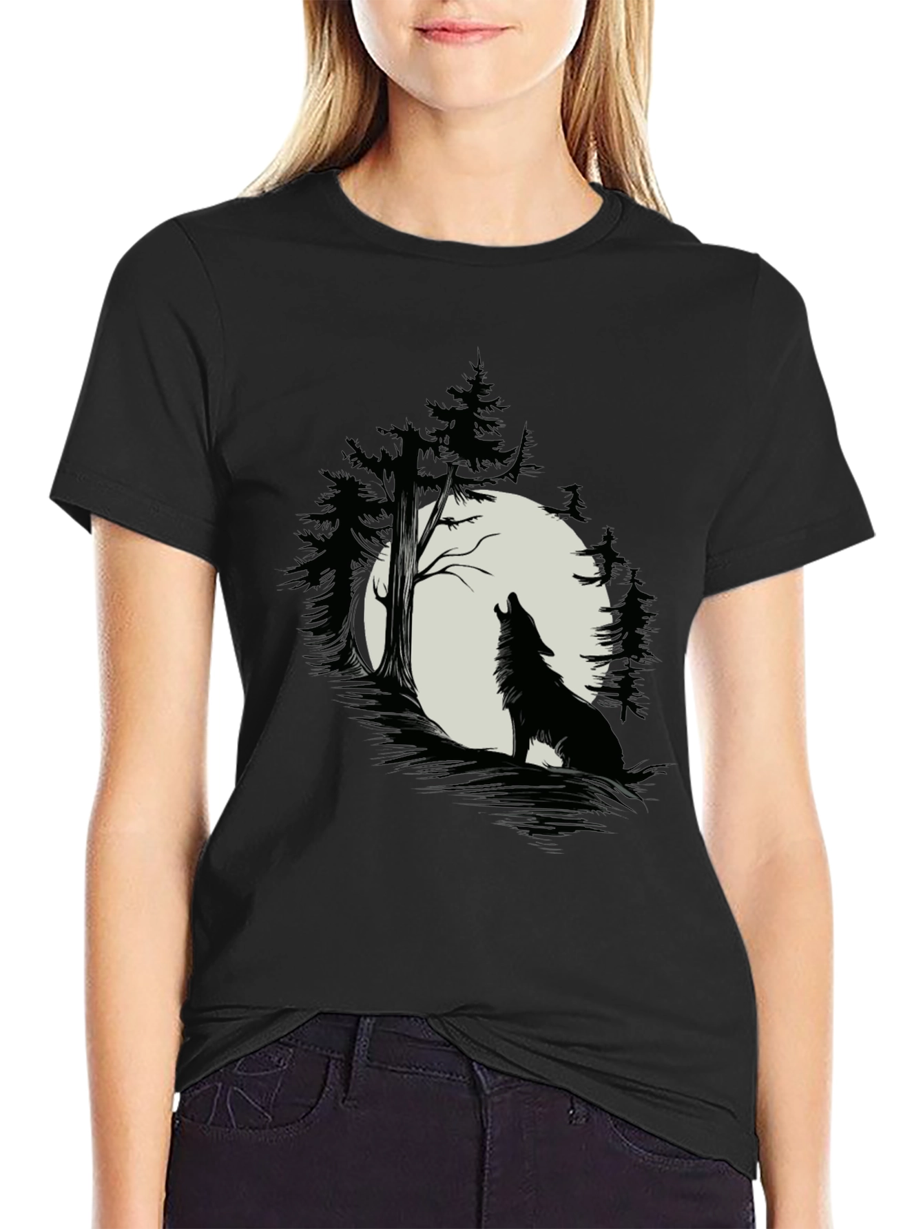 Black Wolf Howling at Moon T-Shirt - Black Cotton Tee view 2