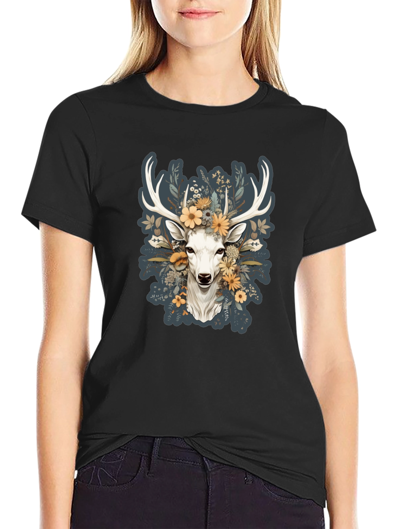 Black Floral Deer Graphic Tee - Nature Inspired Menswear view 2