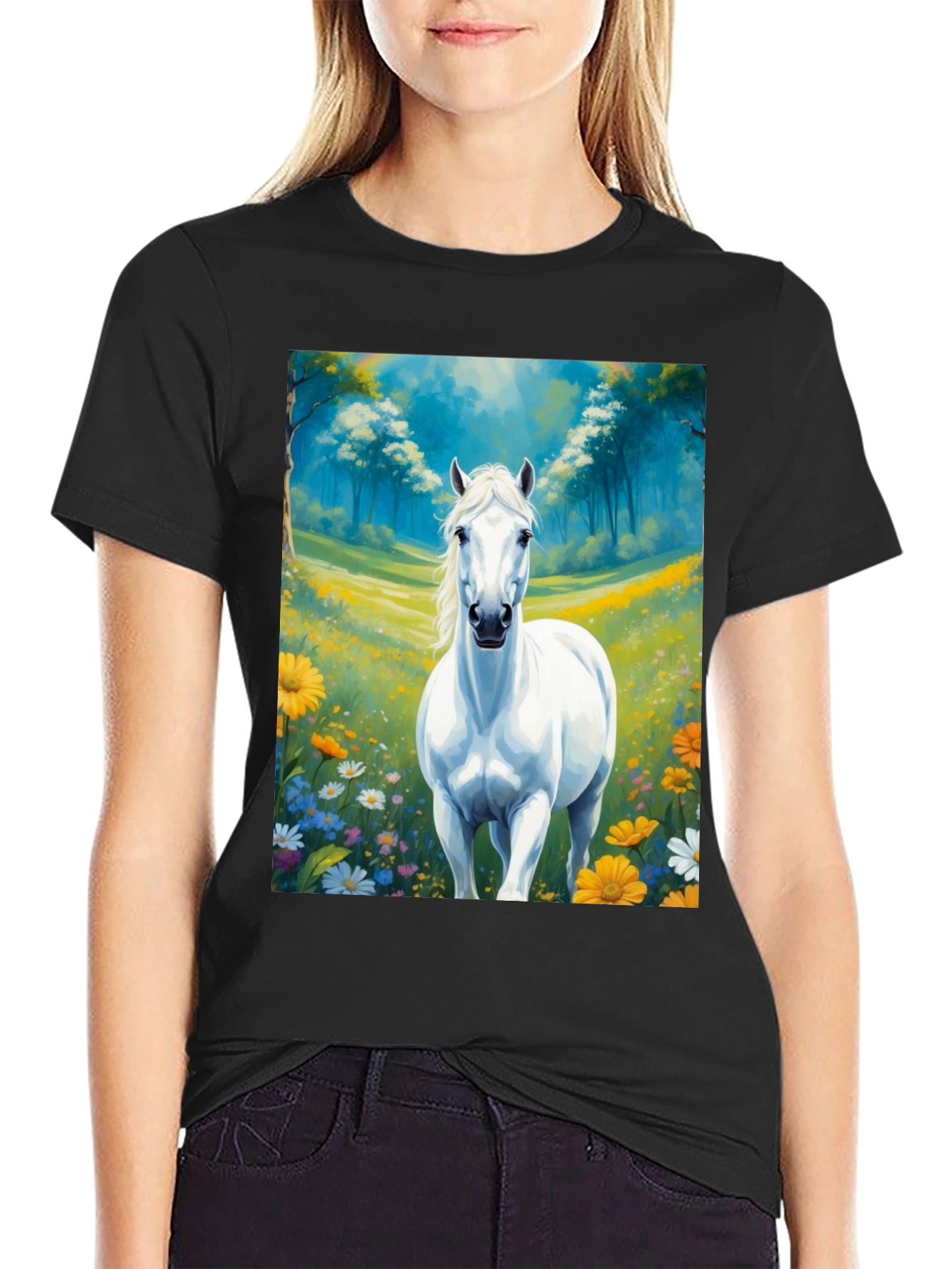 Black White Horse in Meadow Graphic Tee view 2