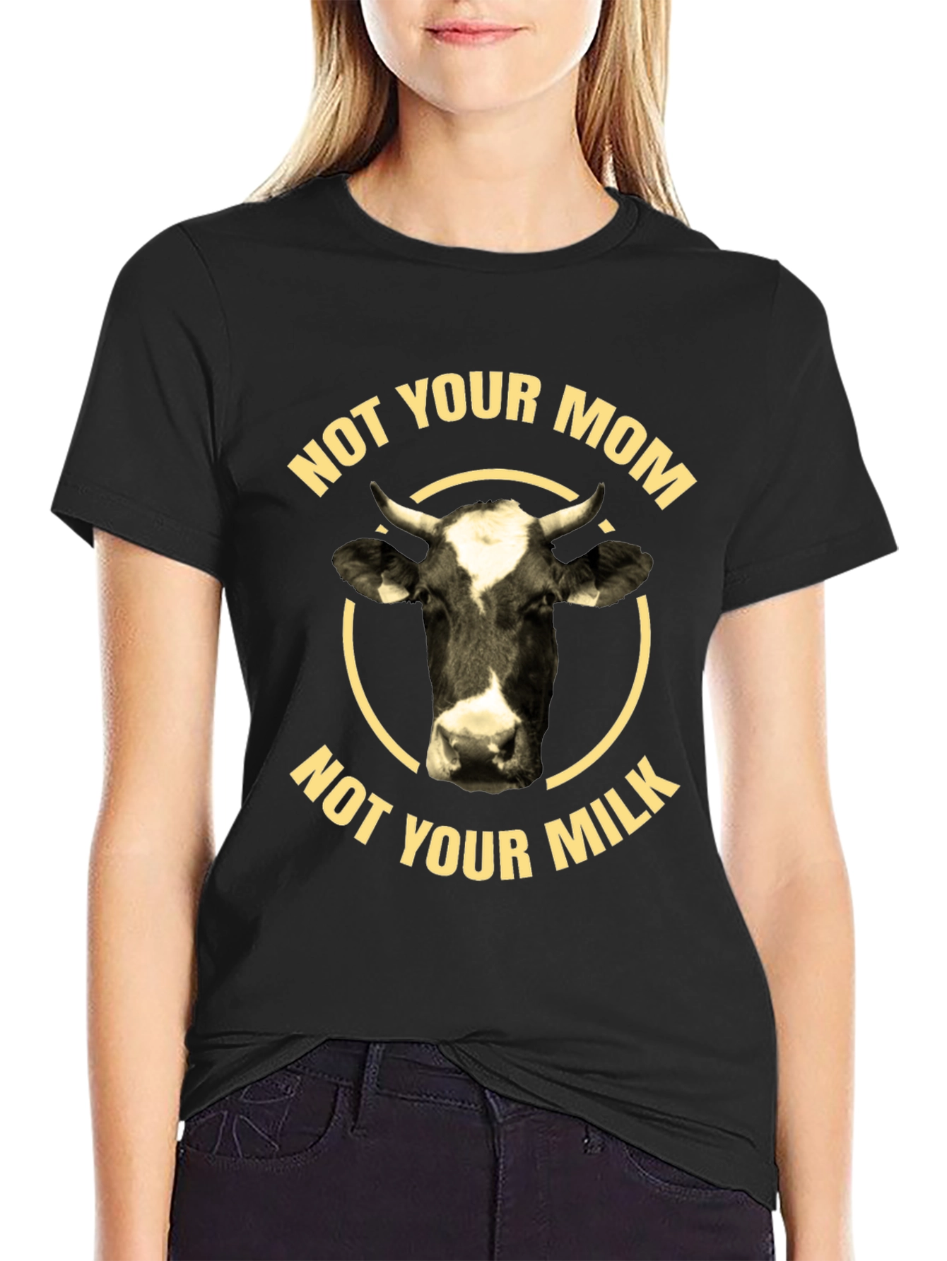 Black Not Your Mom, Not Your Milk T-Shirt - Vegan Cow Design view 2