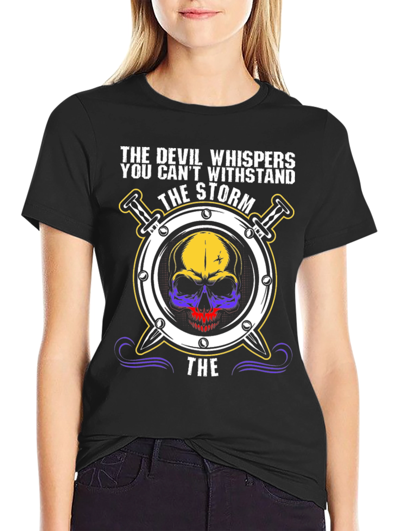 Black The Devil Whispers T-Shirt: Storm Skull Design view 2
