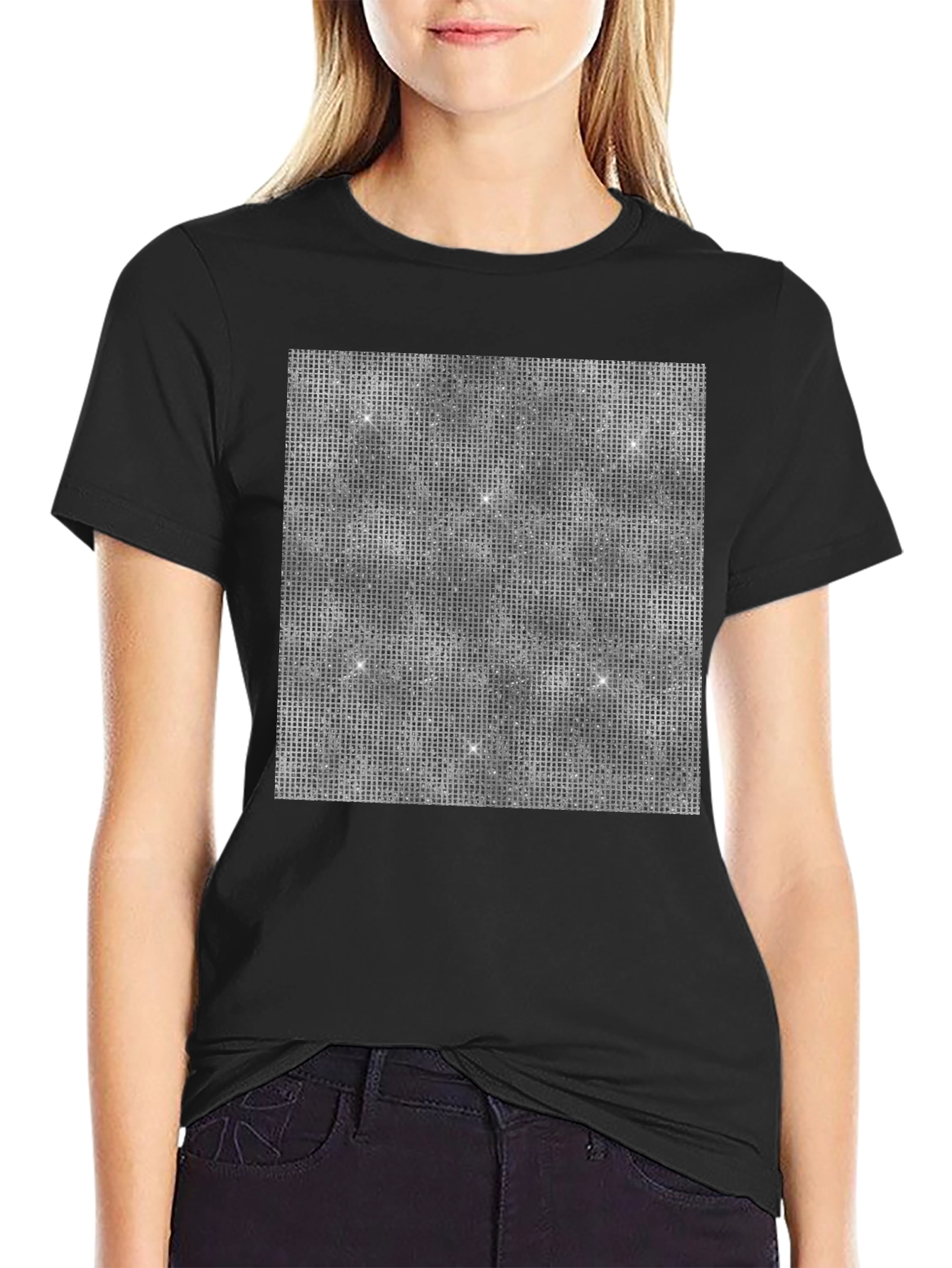 Black Glitter Grid Men's Black T-Shirt view 2