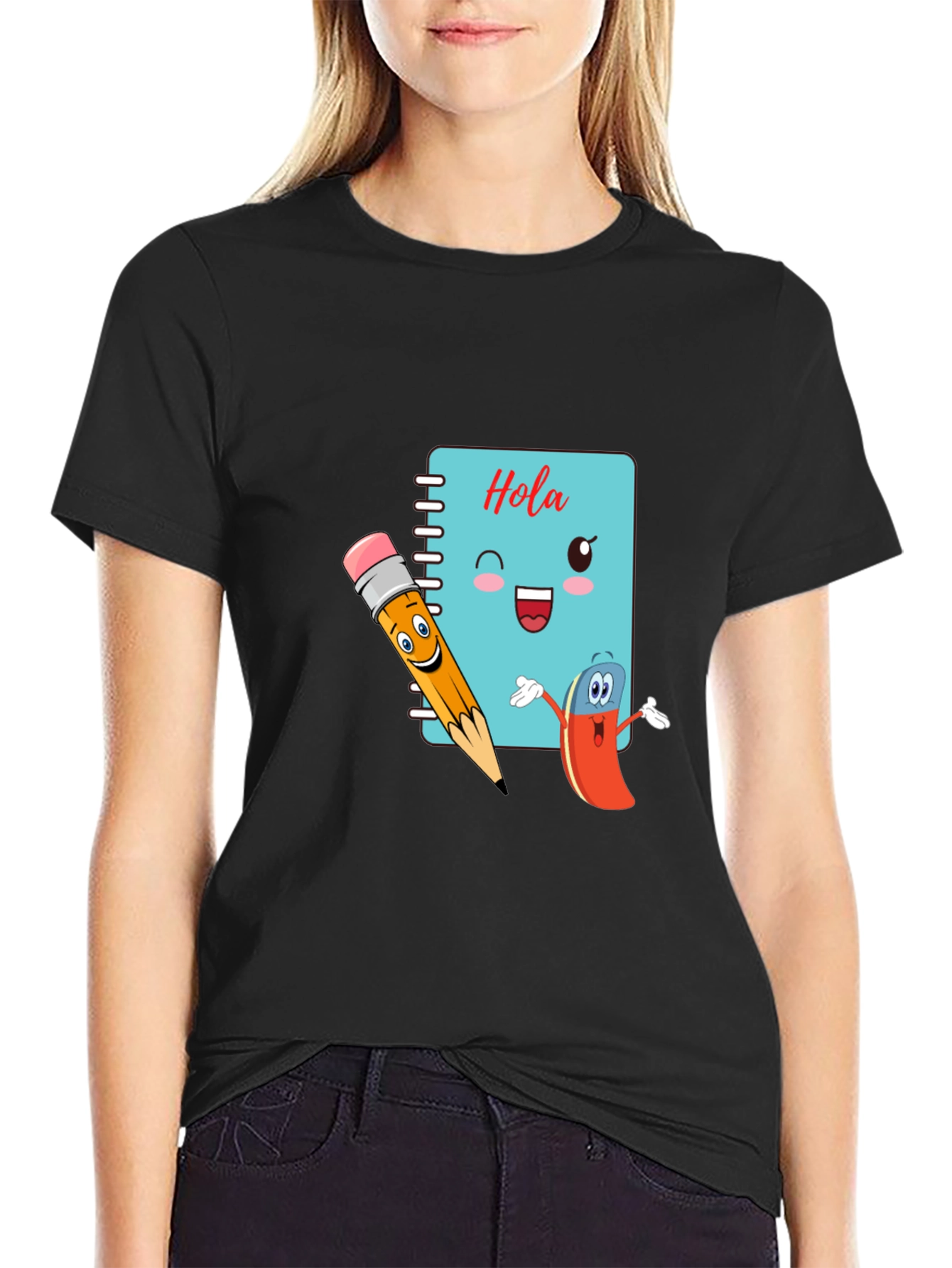 Black Hola Notebook Cartoon Black T-shirt view 2