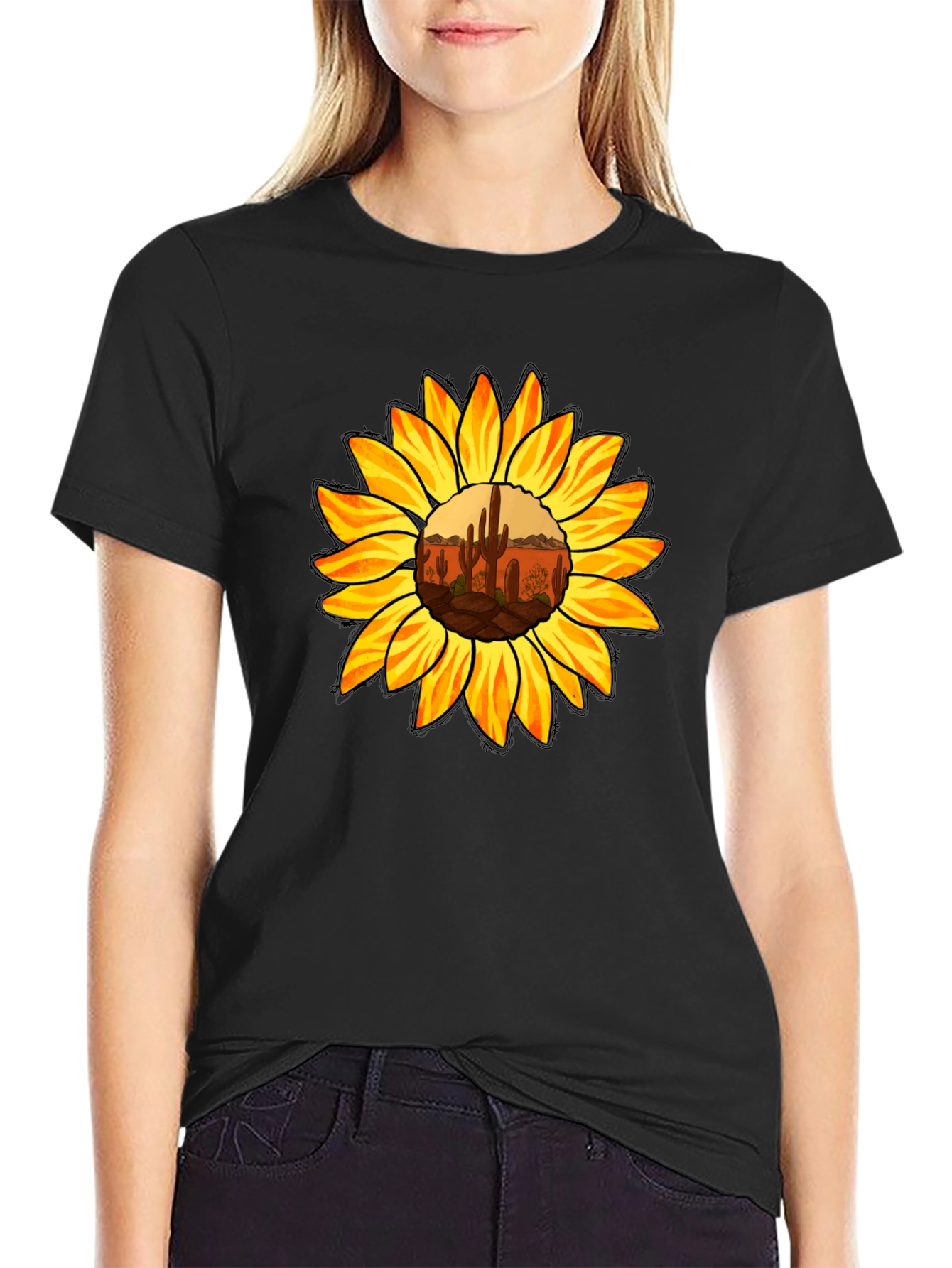 Black Sunflower Desert Graphic Tee - Black Cotton Shirt view 2