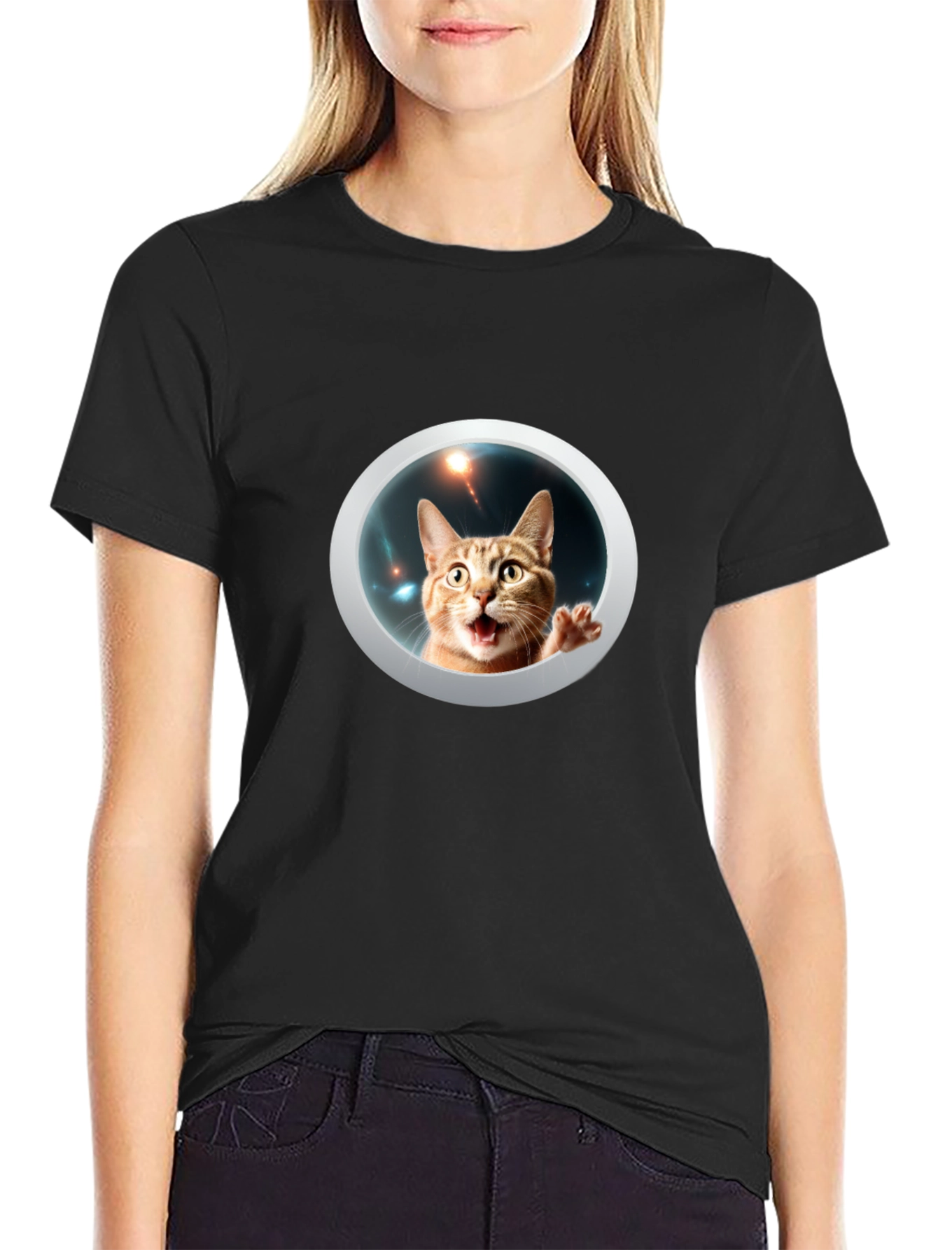 Black Funny Cat in Space Black T-Shirt view 2