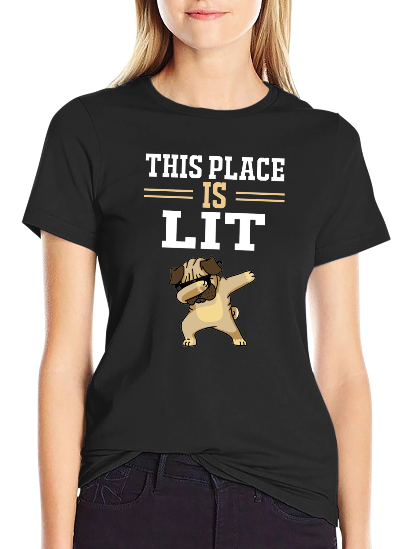 Black This Place Is Lit Pug T-Shirt view 2