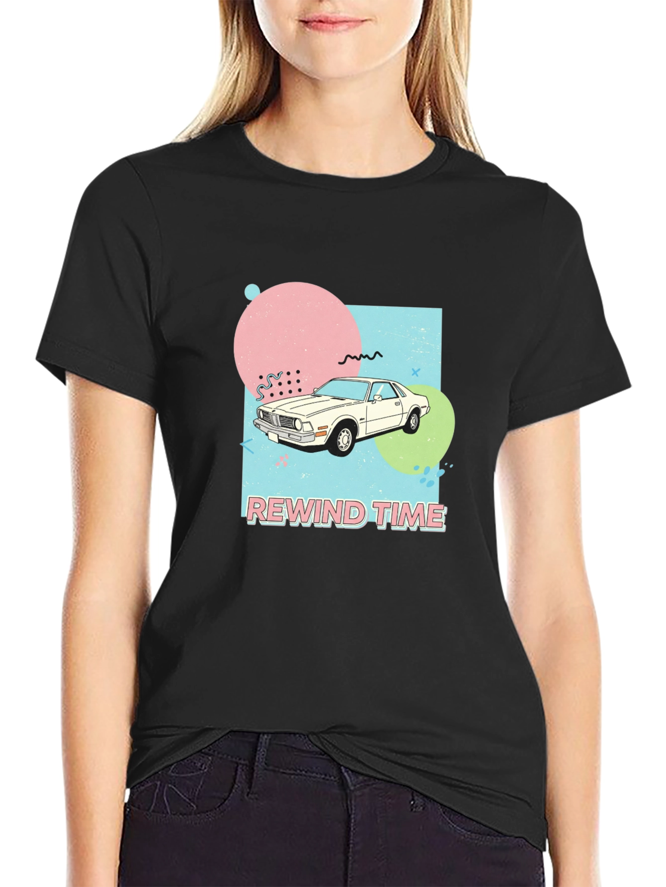 Black Rewind Time Retro Car Graphic T-Shirt view 2