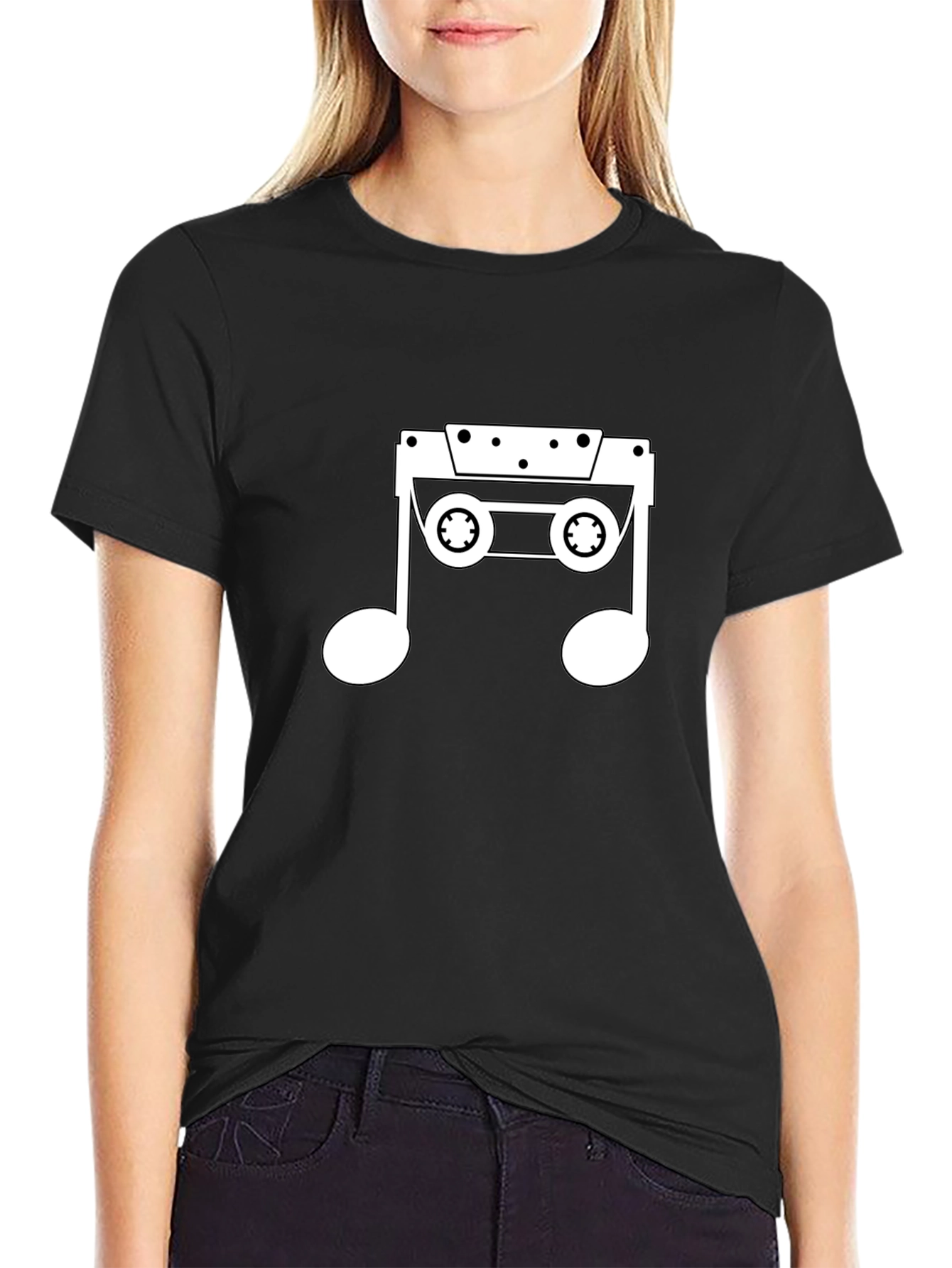 Black Retro Music Note Cassette T-Shirt view 2