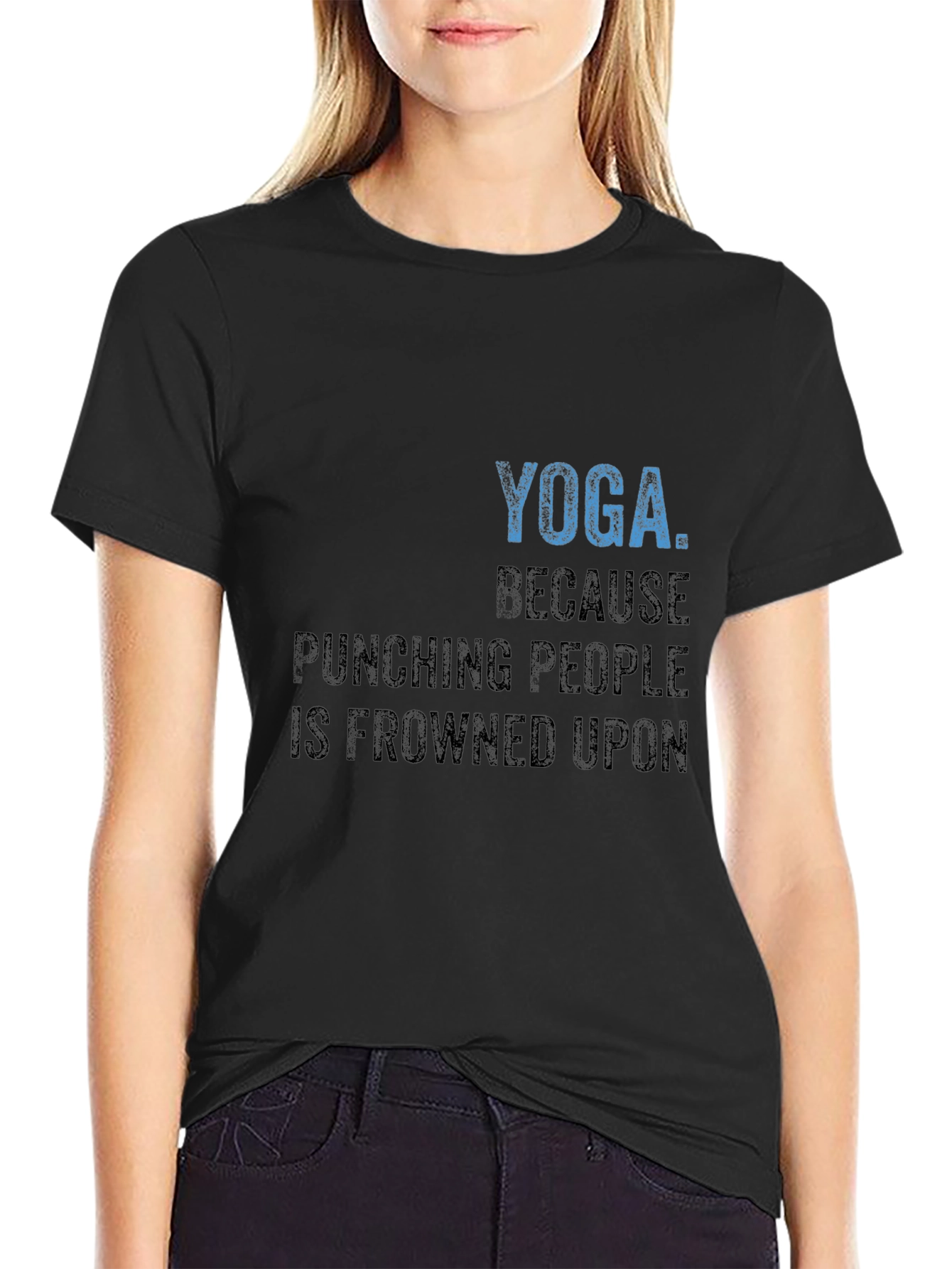 Black Yoga Because Punching People T-Shirt view 2
