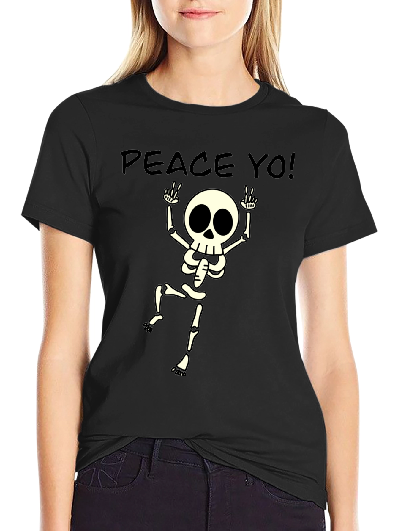 Black Peace Yo! Skeleton Graphic Black T-Shirt view 2
