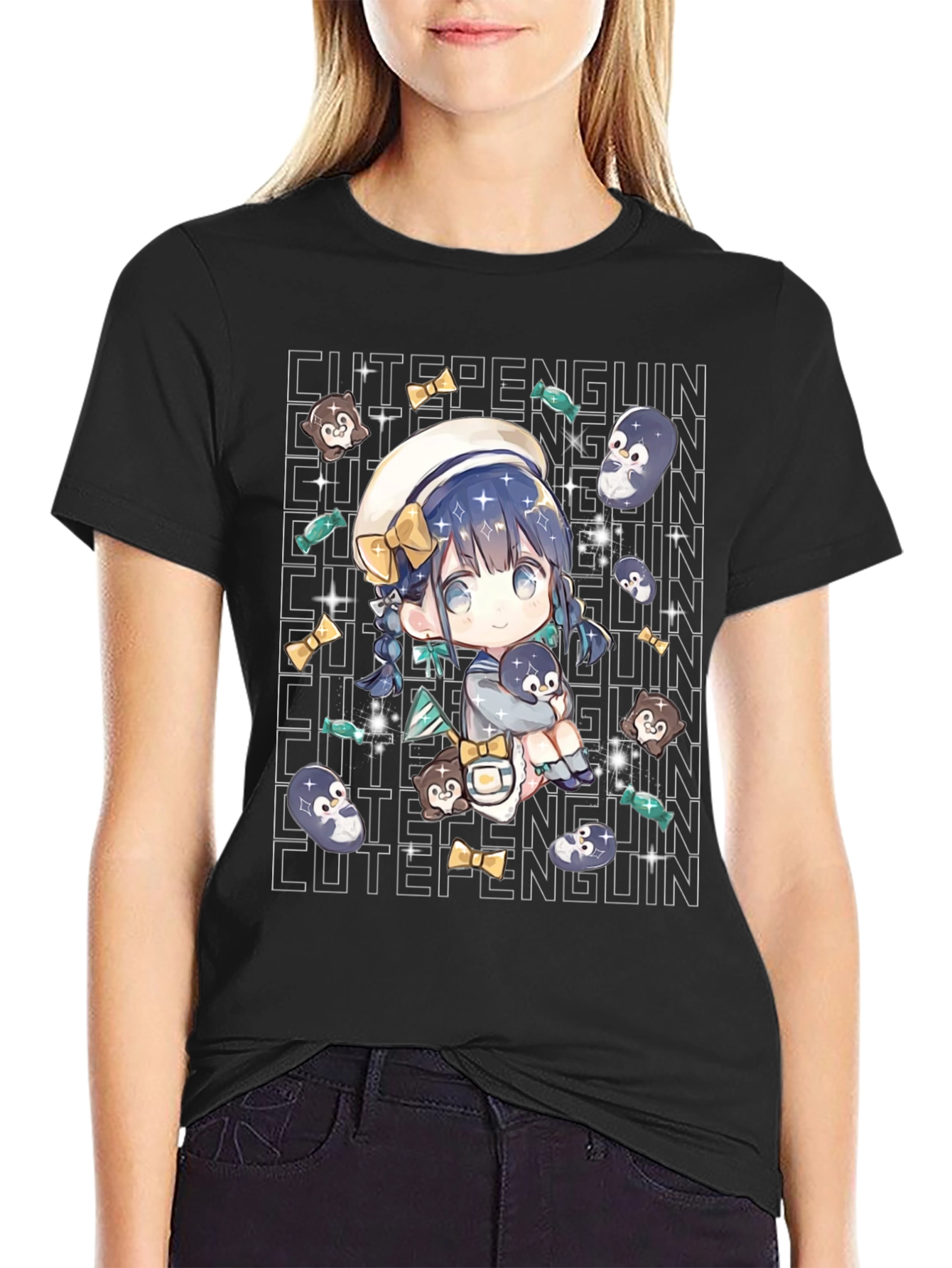 Black Anime Cute Penguin Black T-Shirt view 2