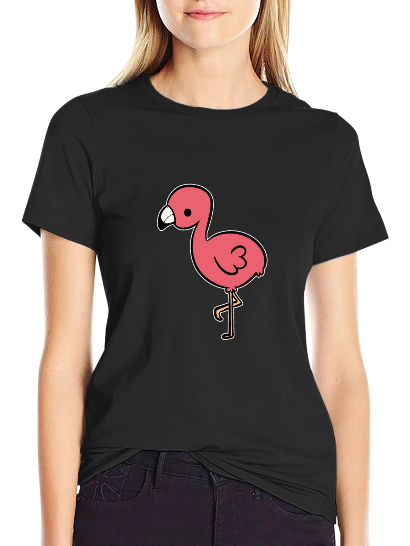 Black Black T-Shirt with Pink Flamingo Graphic view 2