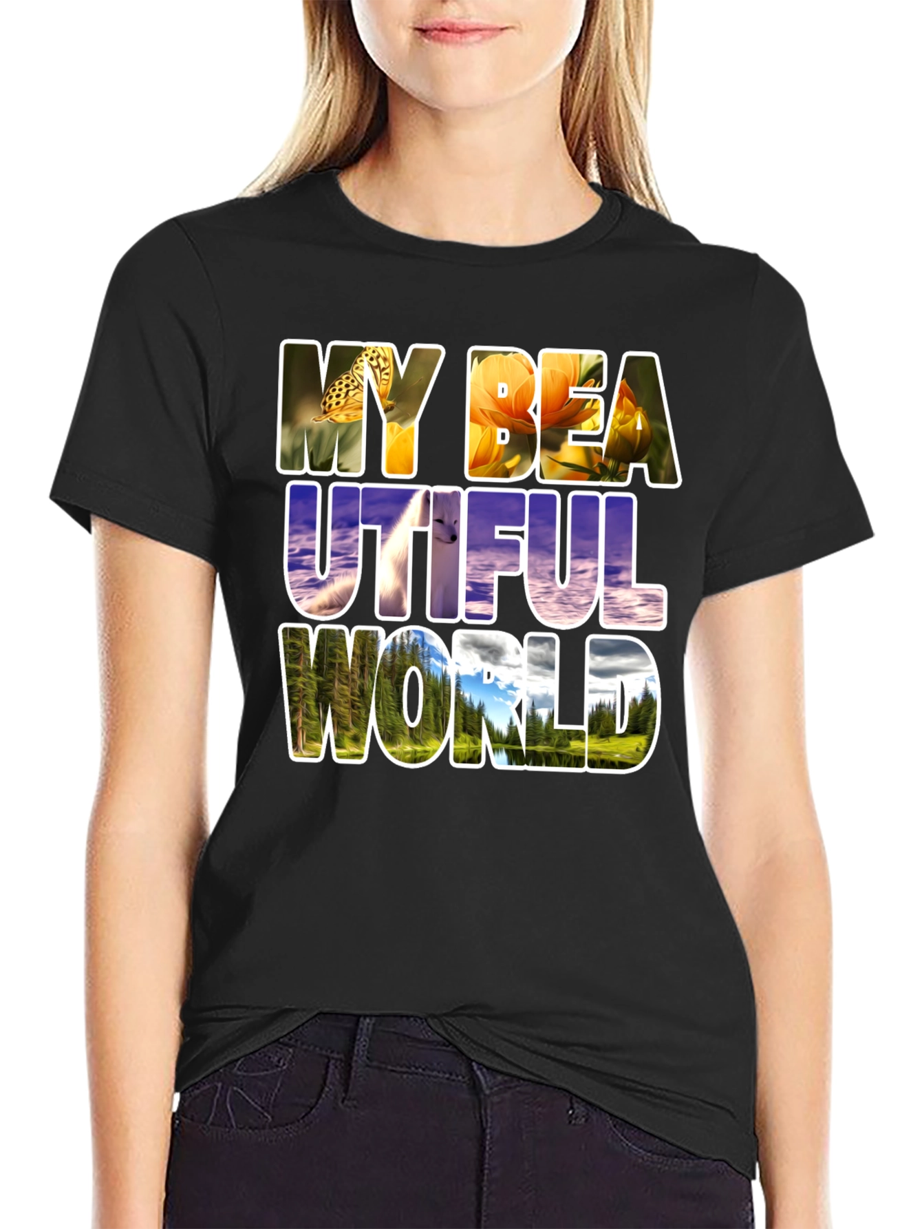 Black Nature Filled Graphic Tee - "My Beautiful World" T-Shirt view 2