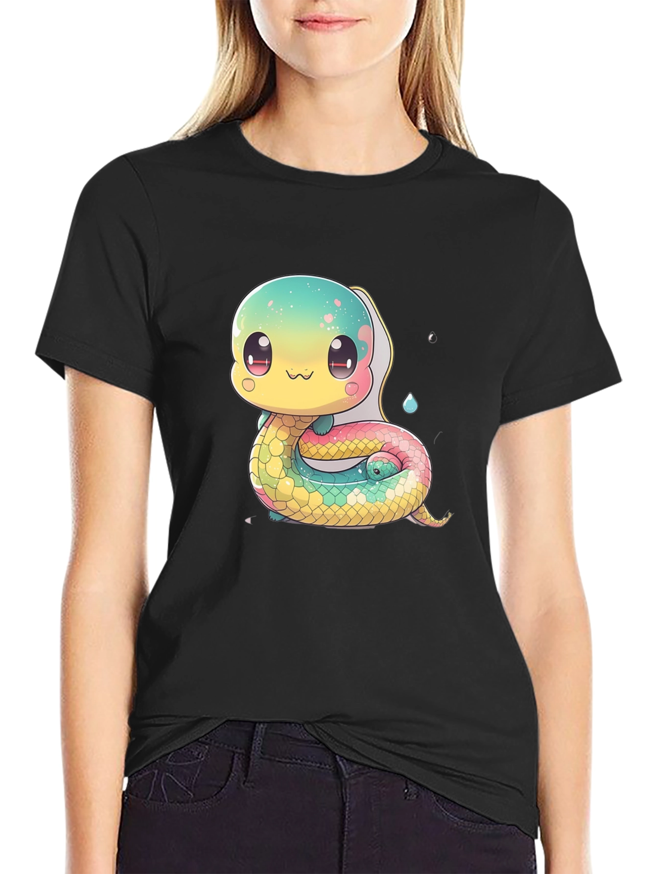 Black Cute Cartoon Snake Black T-Shirt view 2