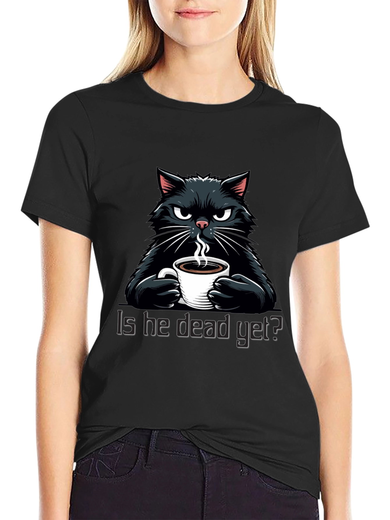 Black Grumpy Cat Coffee T-Shirt - "Is He Dead Yet?" view 2