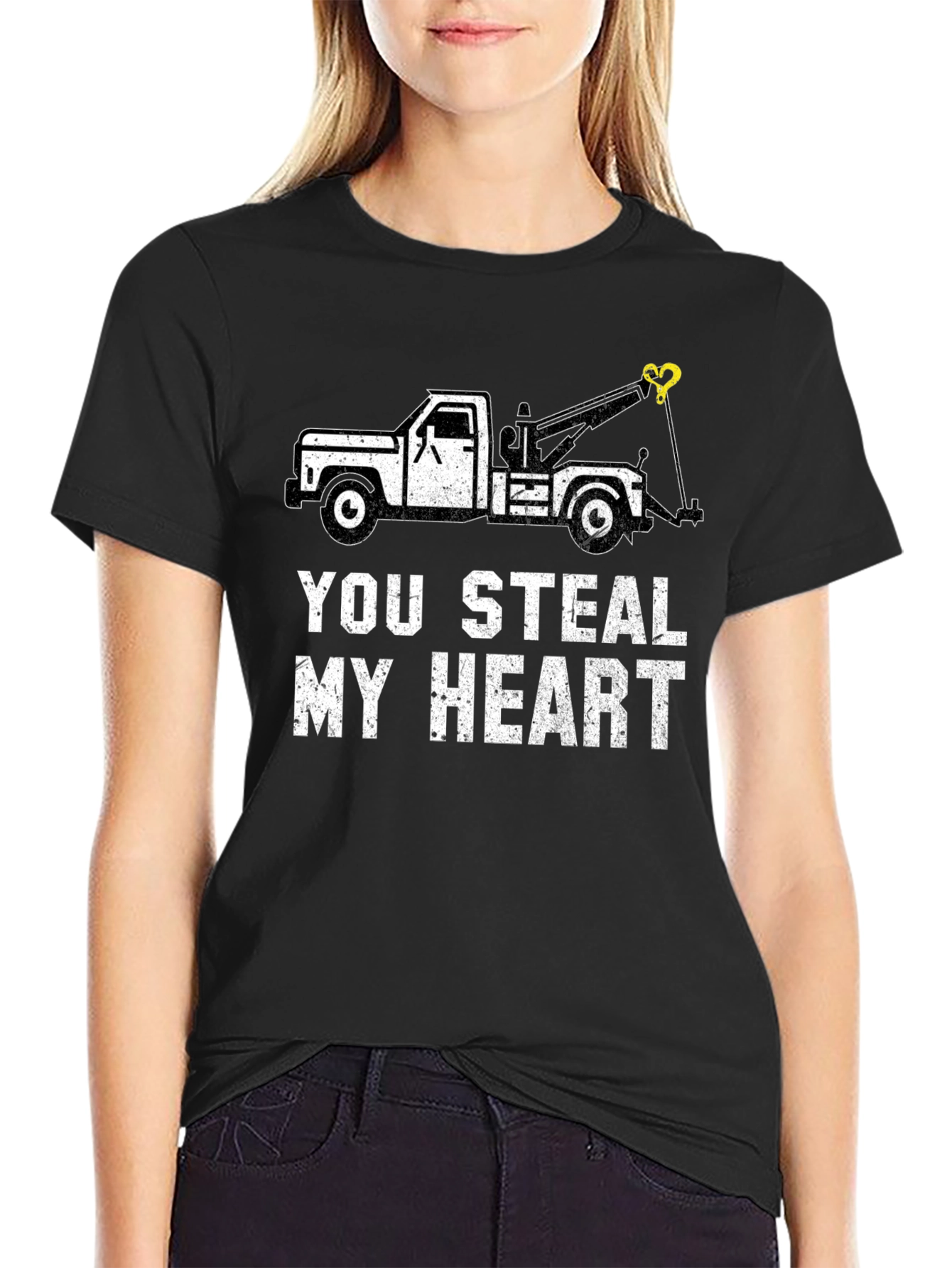 Black You Steal My Heart Tow Truck Graphic Tee view 2