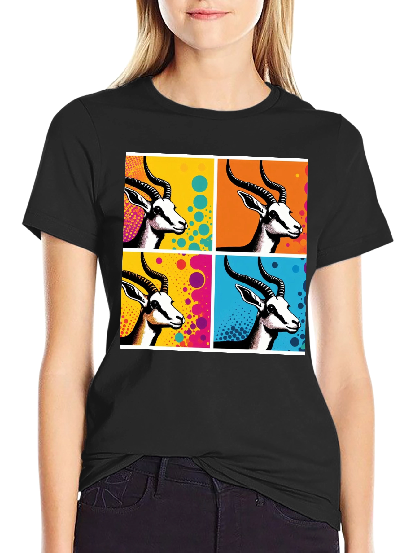 Black Pop Art Gazelle Graphic Tee - Stylish Men's Black T-Shirt view 2