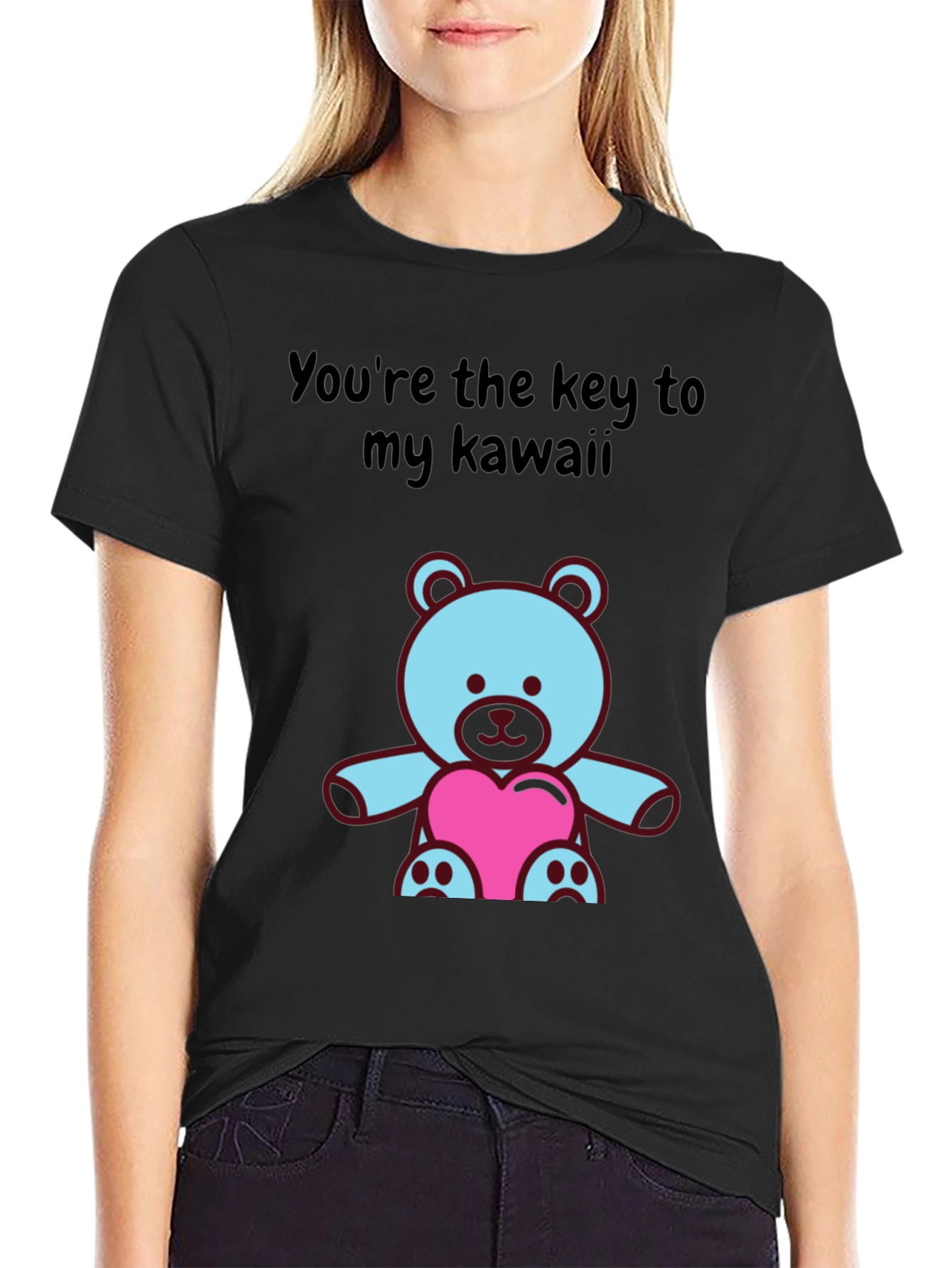 Black Kawaii Bear T-Shirt: Key to My Heart Tee view 2