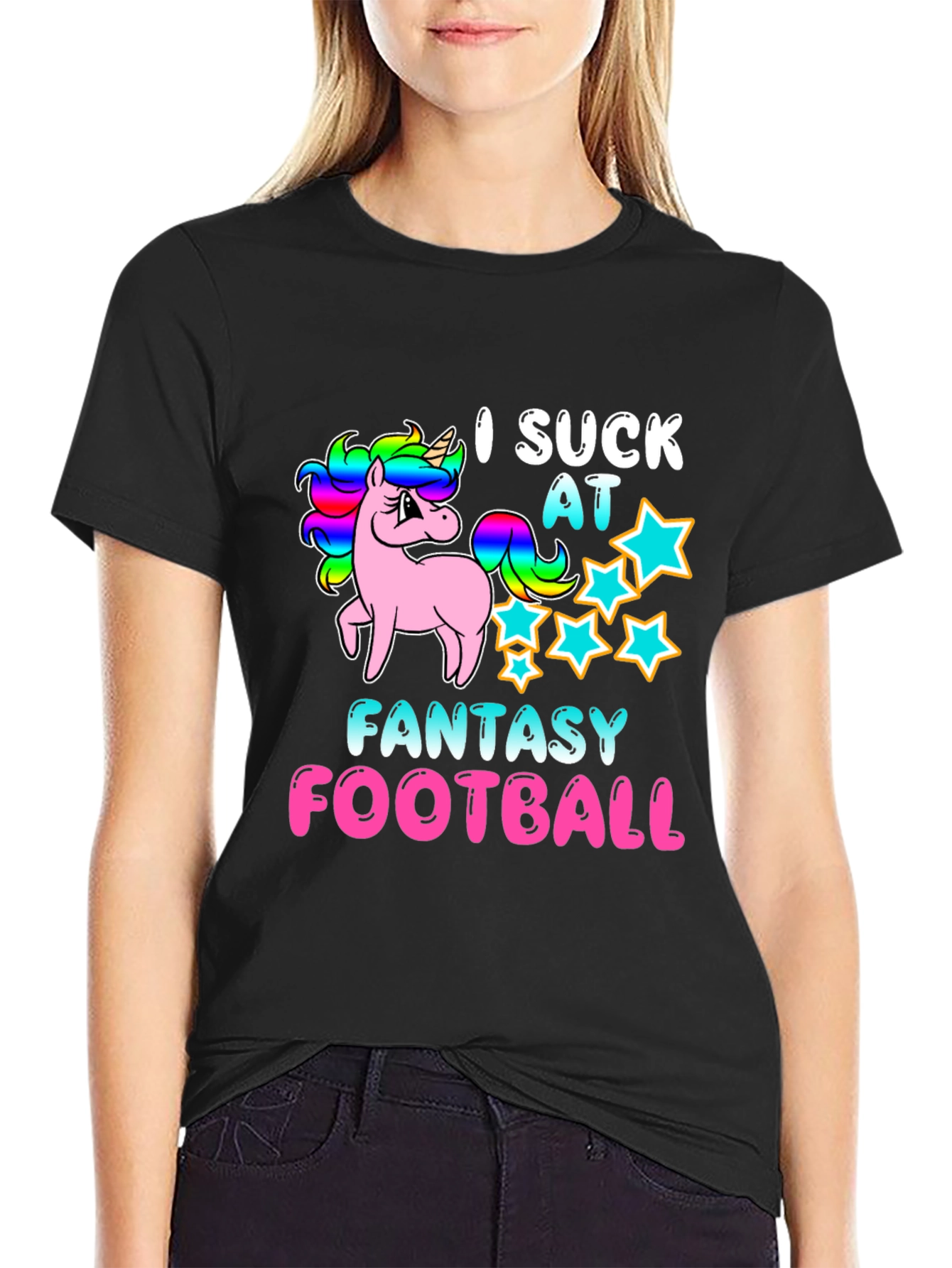 Black I Suck At Fantasy Football Unicorn T-Shirt view 2