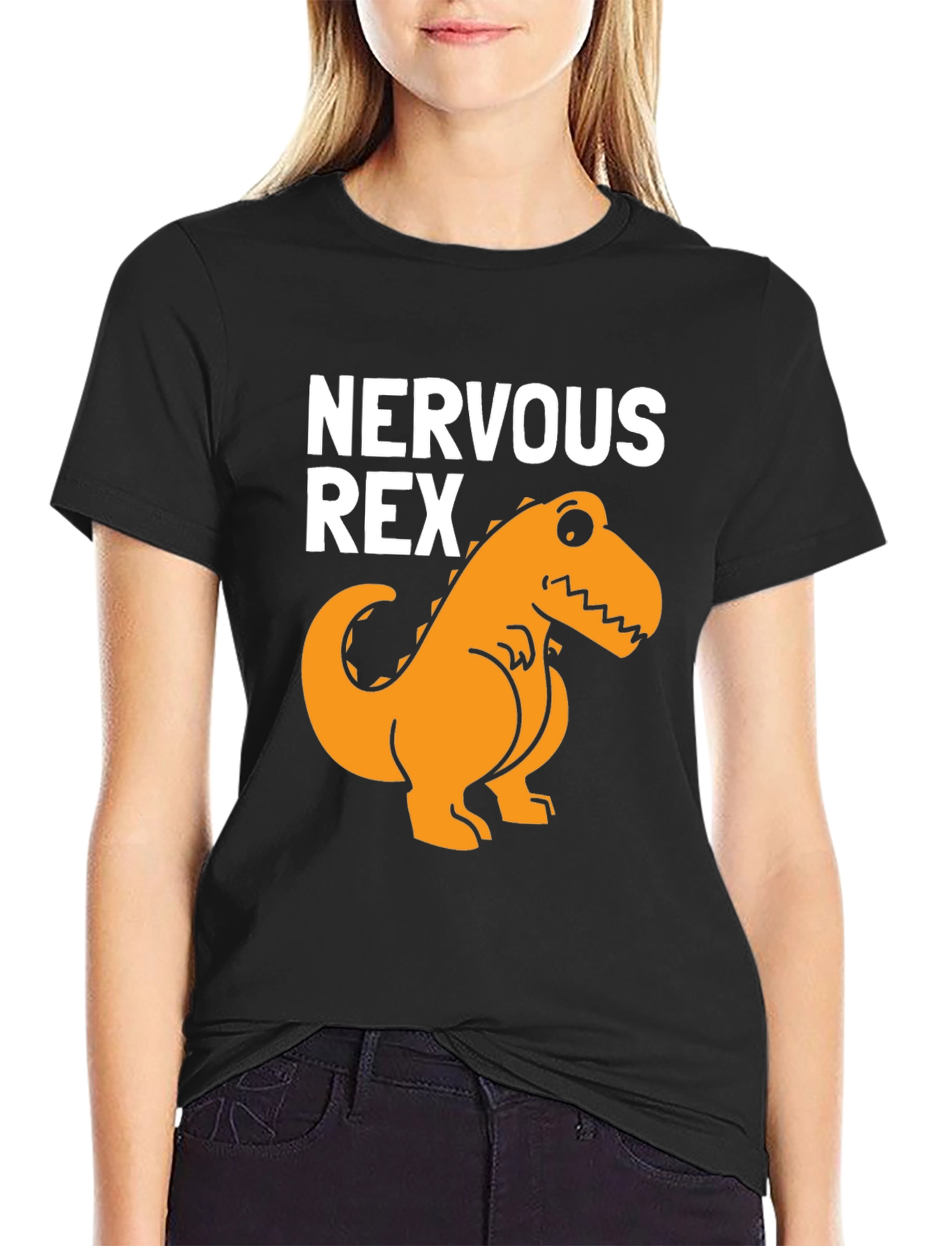 Black Nervous Rex T-Shirt - Funny Dinosaur Tee view 2