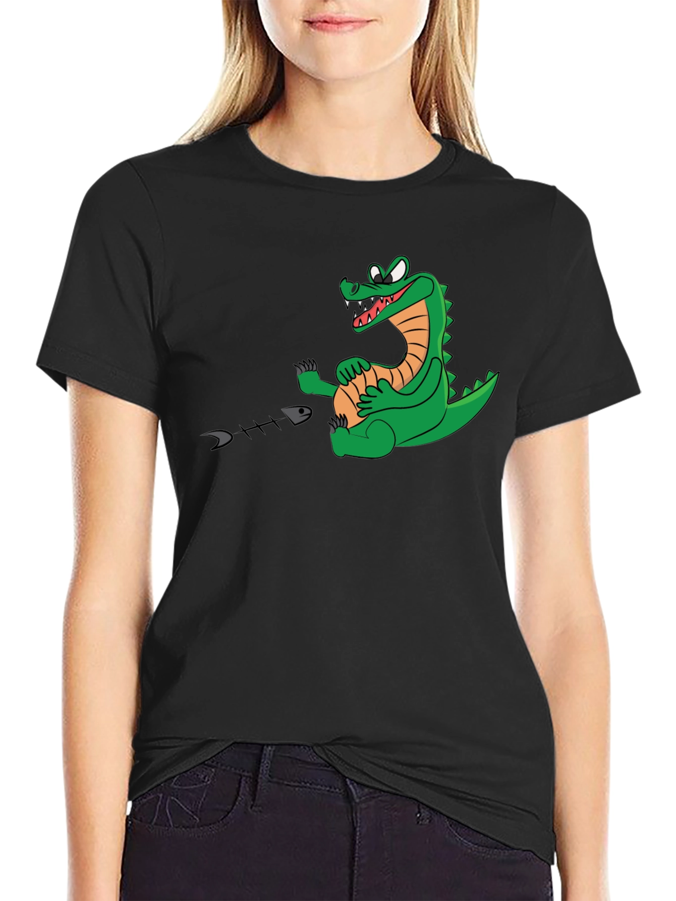 Black Alligator Eating Fish T-Shirt - Black Cotton Tee view 2