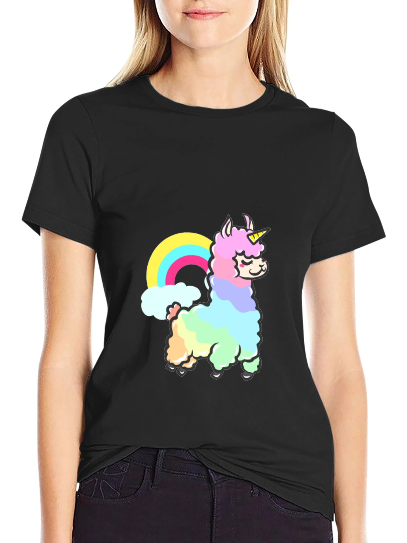 Black Rainbow Llama Unicorn Graphic T-Shirt view 2