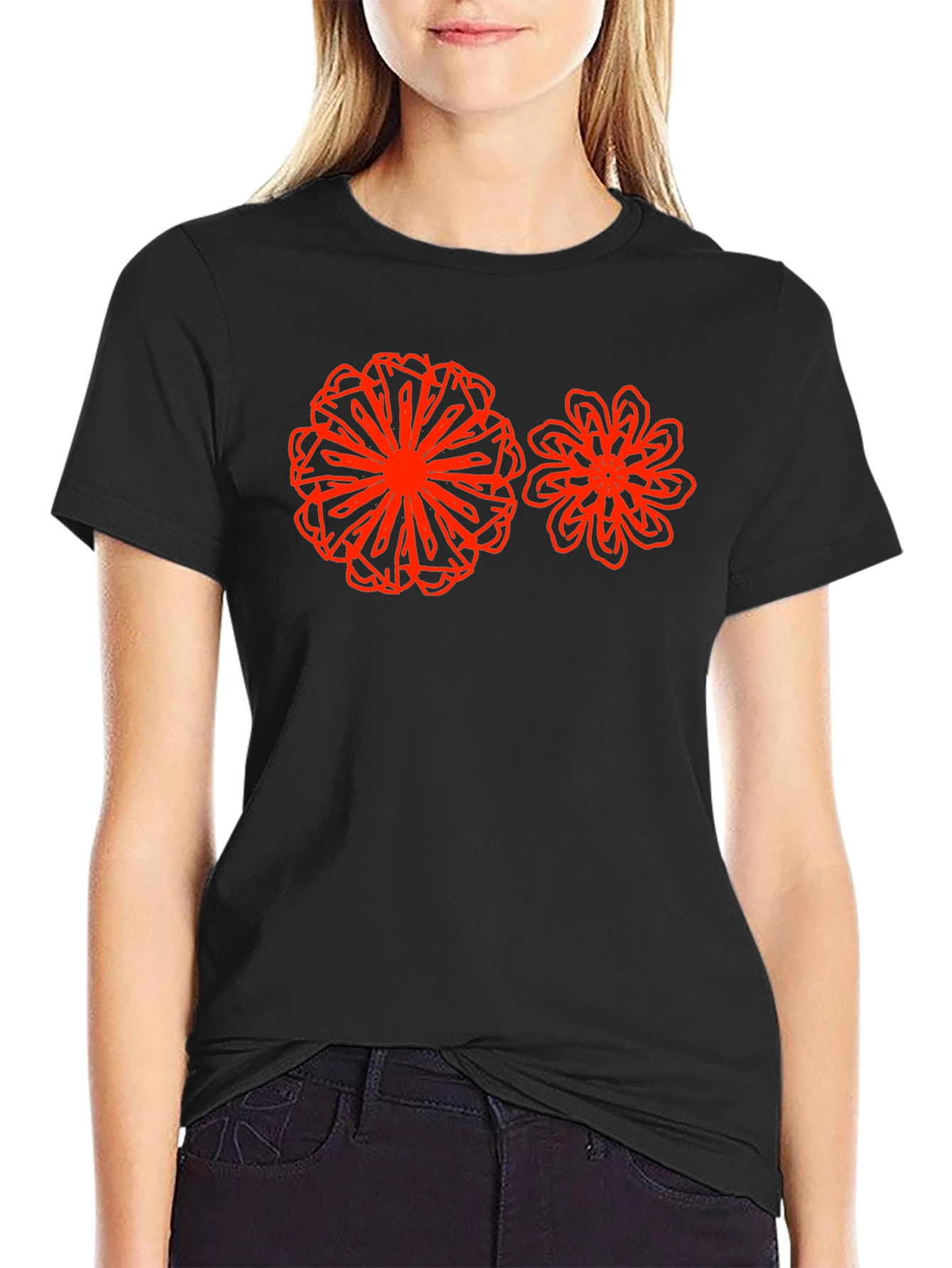 Black Abstract Floral Print Black T-Shirt view 2