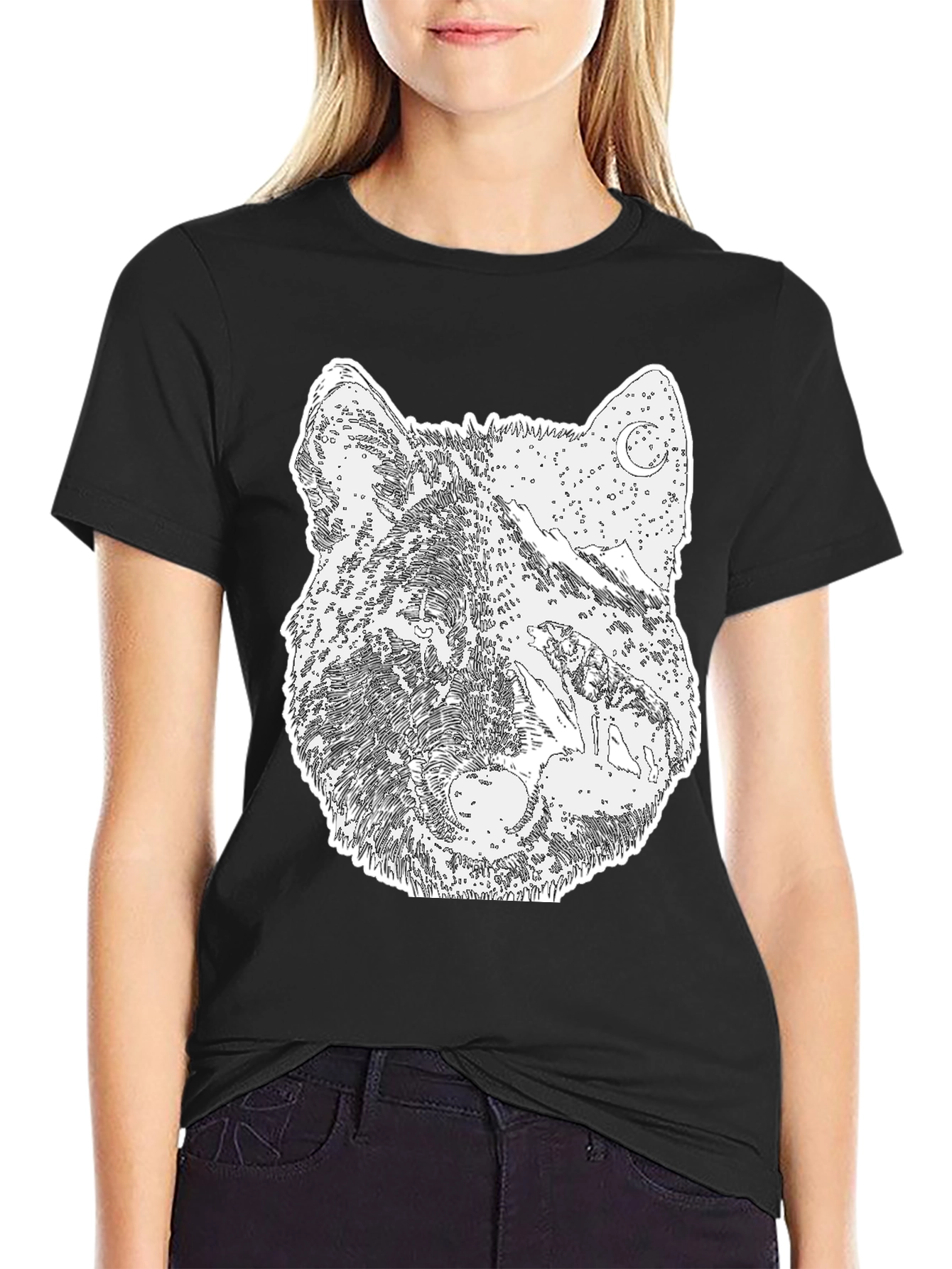 Black Wolf Graphic Print Tee - Black Cotton Blend view 2