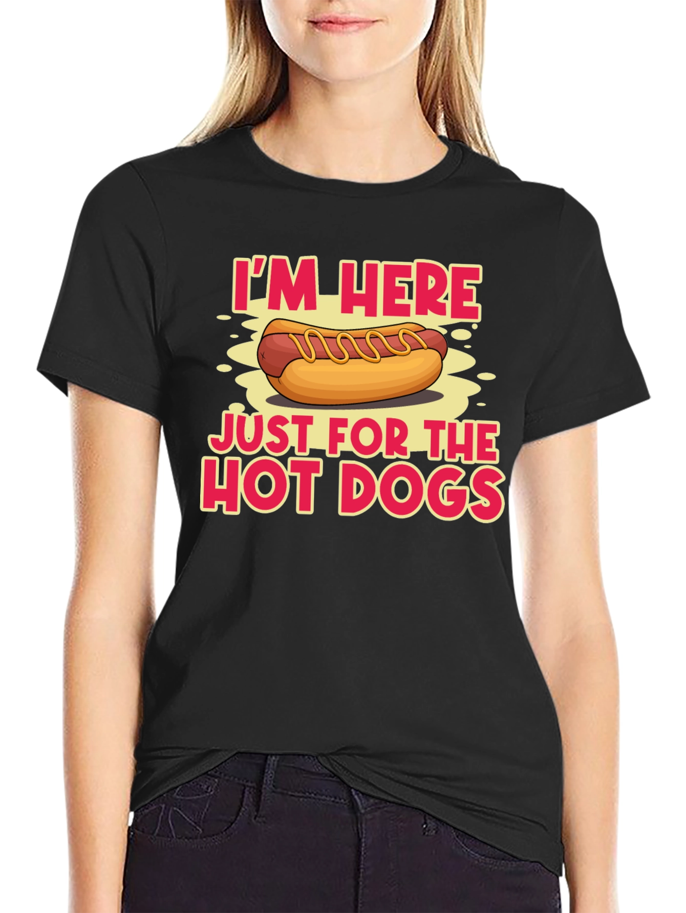 Black Hot Dog Lover T-Shirt: I'm Here Just for the Hot Dogs view 2