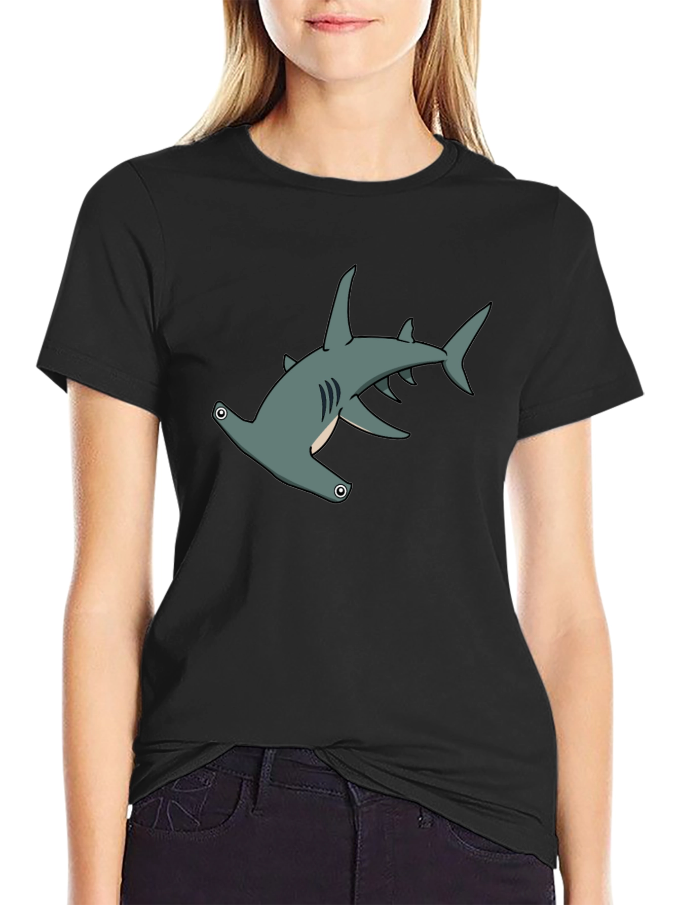 Black Hammerhead Shark Graphic Tee - Black Cotton view 2