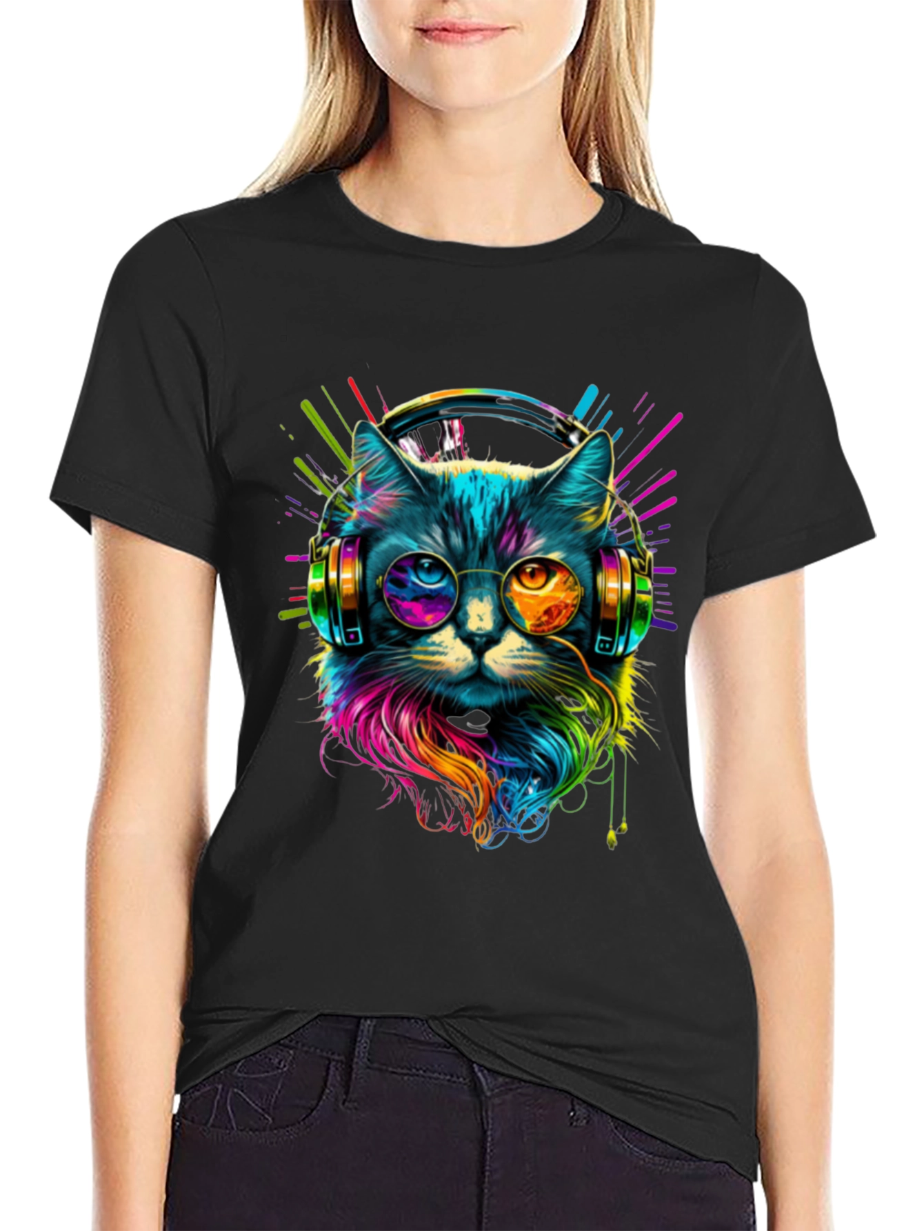 Black Neon Cat DJ T-Shirt - Unique Graphic Tee view 2