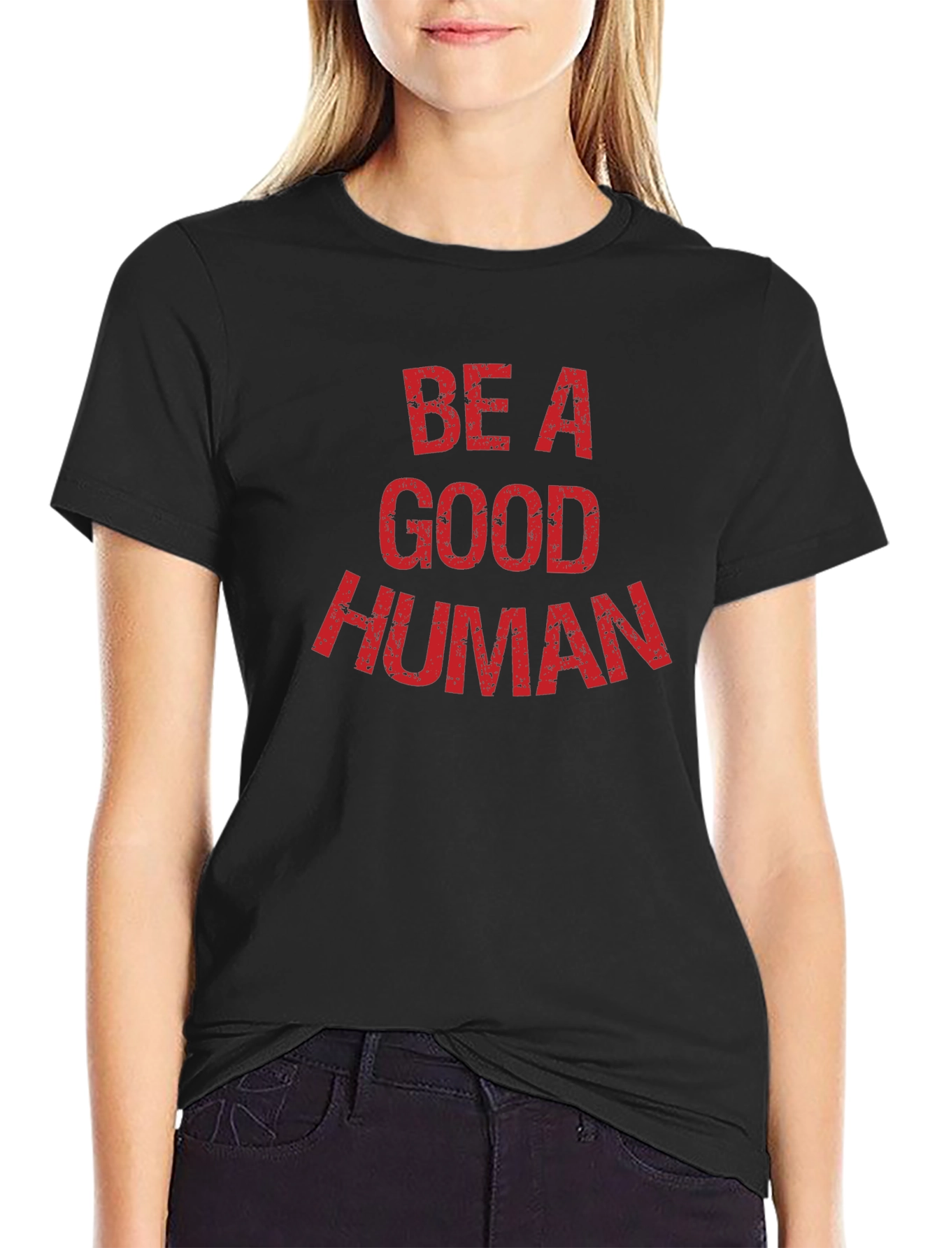 Black Be A Good Human Graphic Tee - Black Cotton T-Shirt view 2