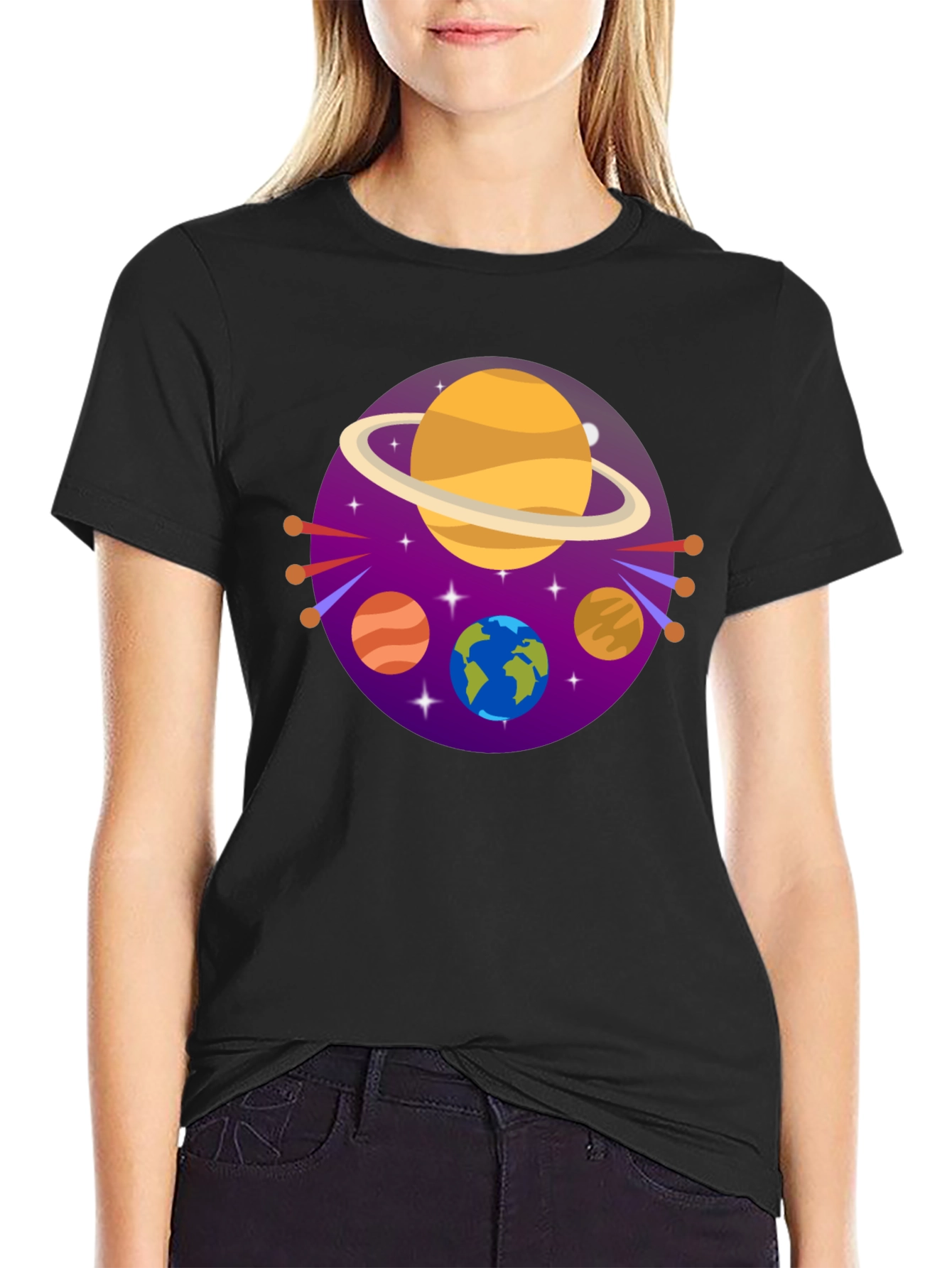 Black Cosmic Planets Graphic Tee - Black Cotton Blend view 2