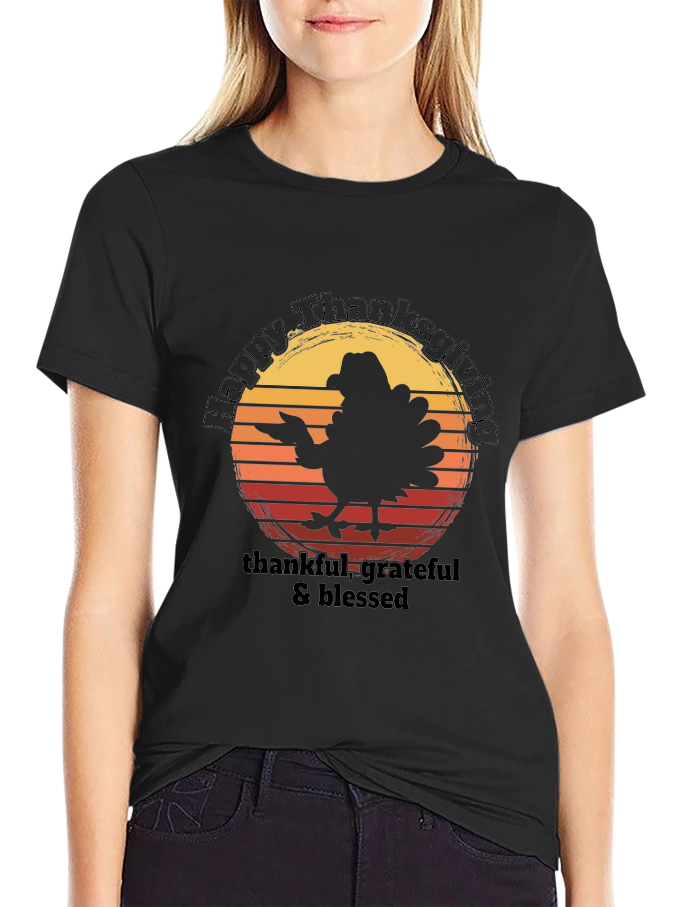Black Happy Thanksgiving Turkey Graphic T-Shirt view 2