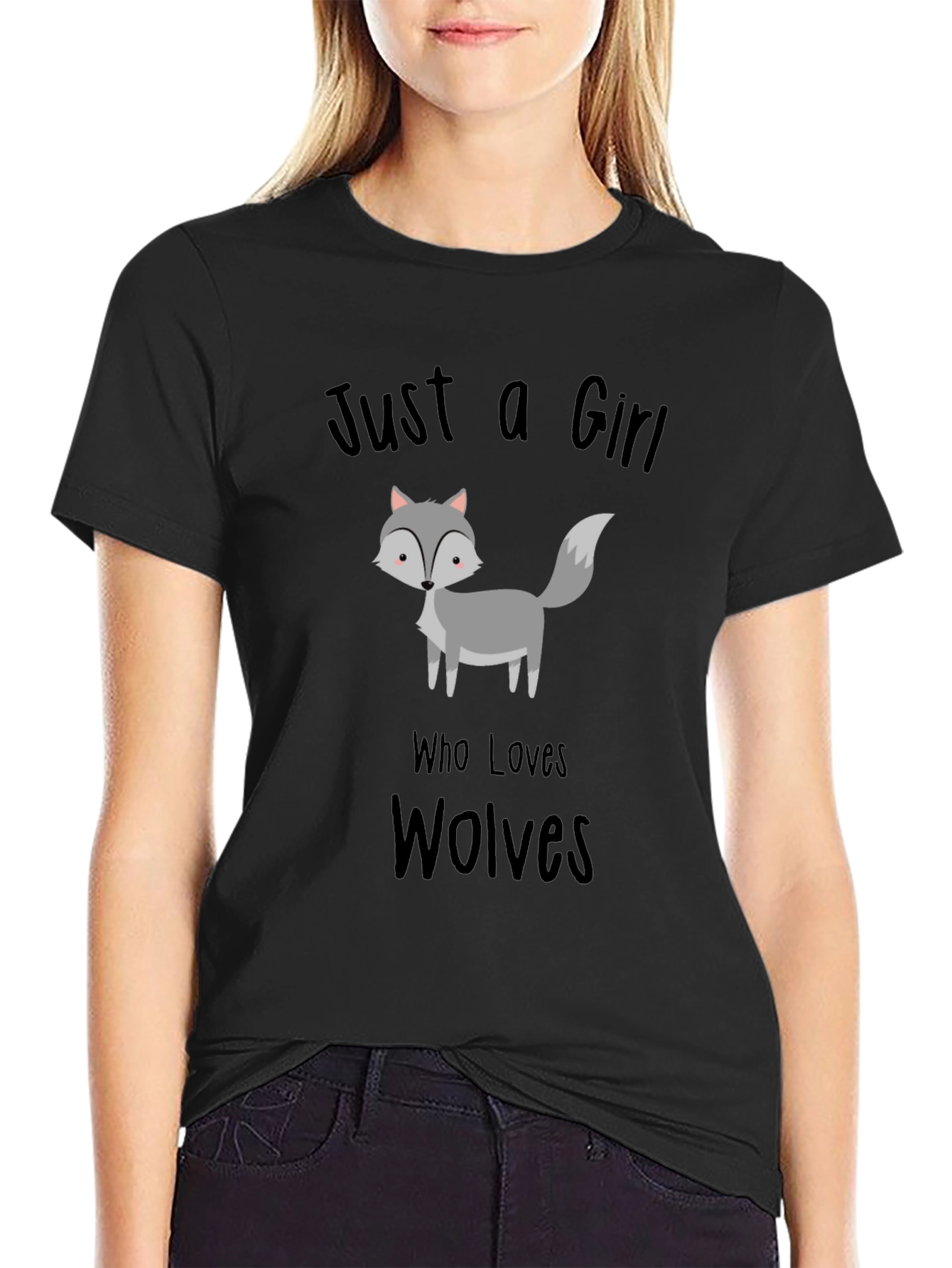 Black Just a Girl Who Loves Wolves T-Shirt, Black view 2