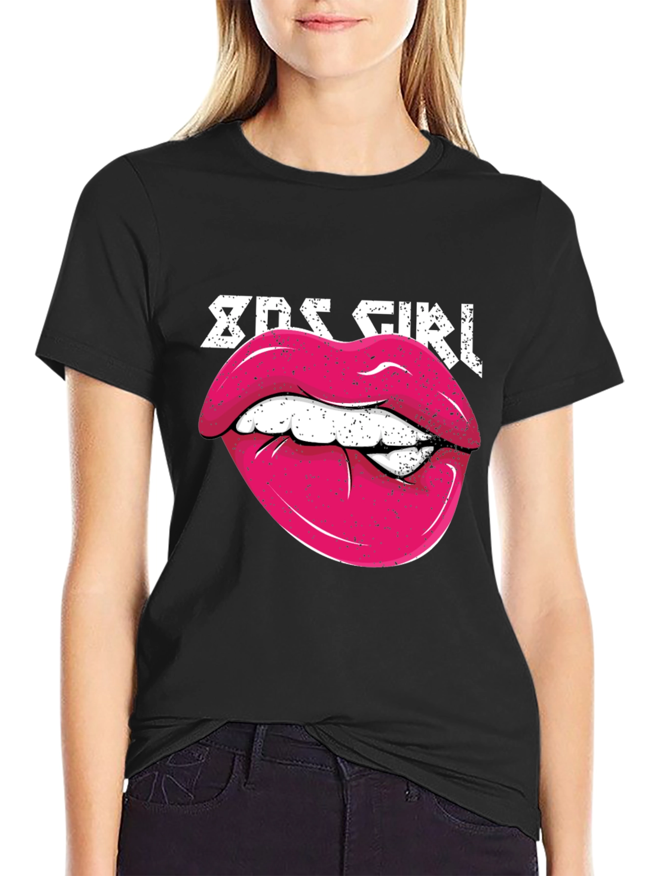 Black 80s Girl Lips Graphic Tee - Retro Style Shirt view 2