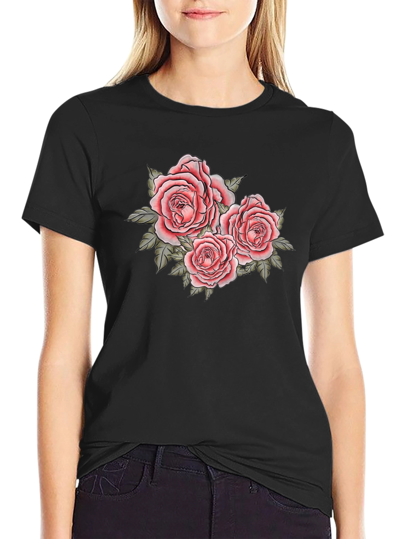 Black Floral Roses Graphic Black T-Shirt view 2