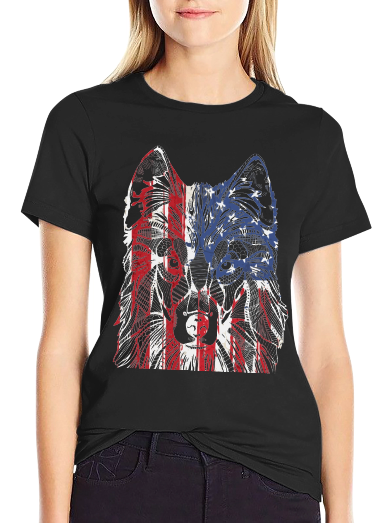 Black Patriotic Wolf Graphic Tee - Unisex Black T-Shirt view 2