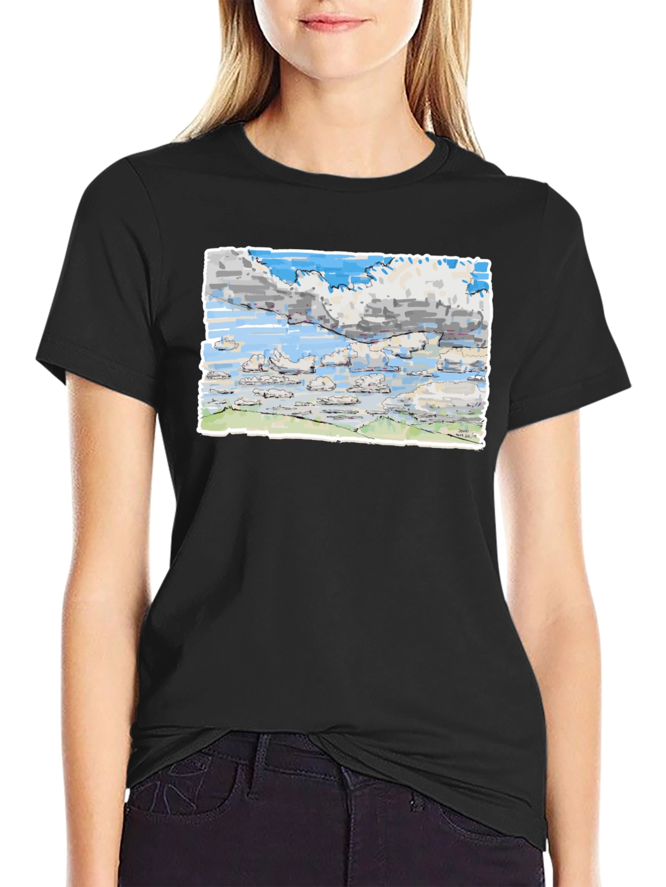 Black Sky Drawing T-Shirt - Artistic Cloud Design view 2