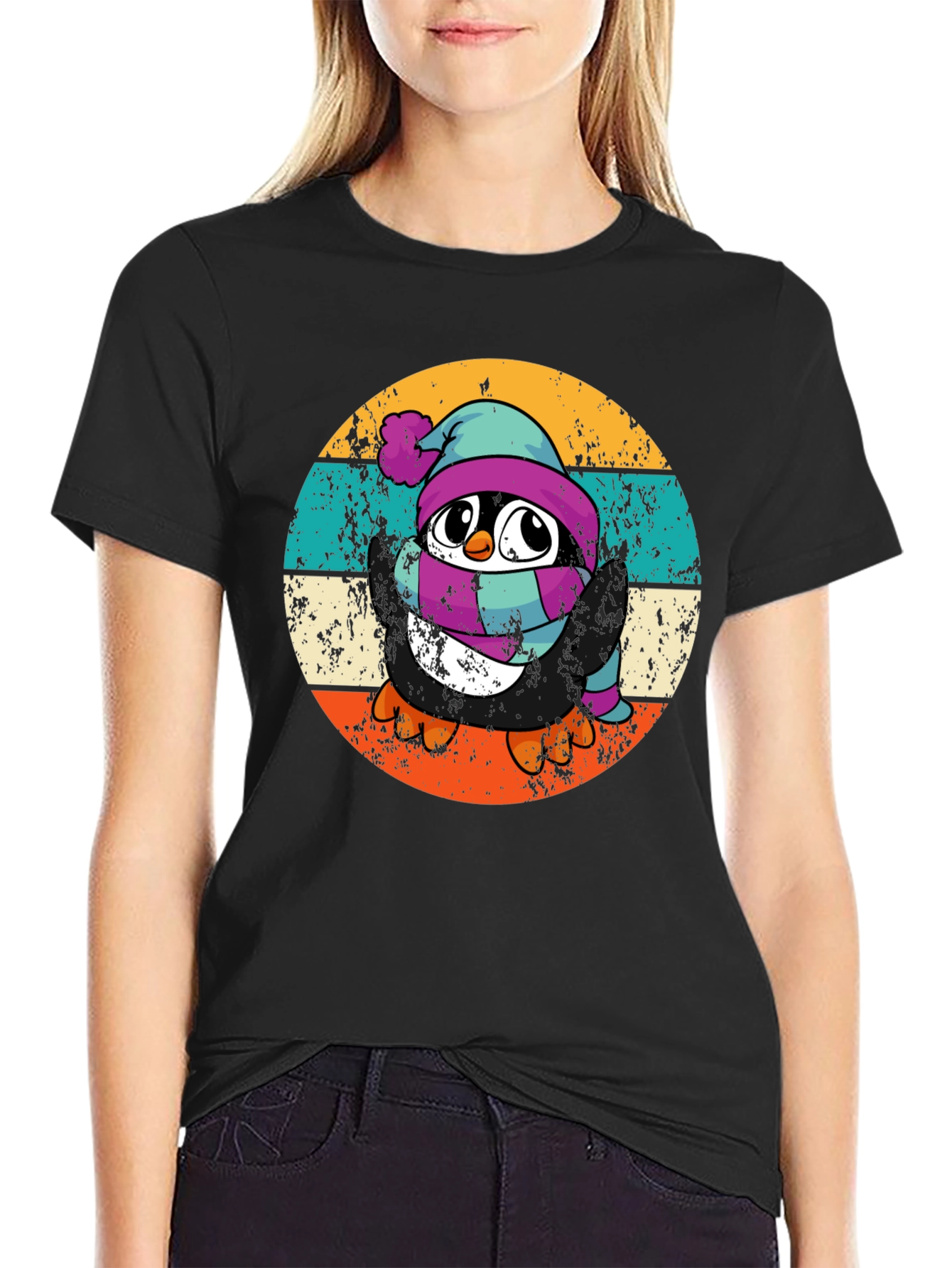 Black Retro Penguin Winter T-Shirt view 2