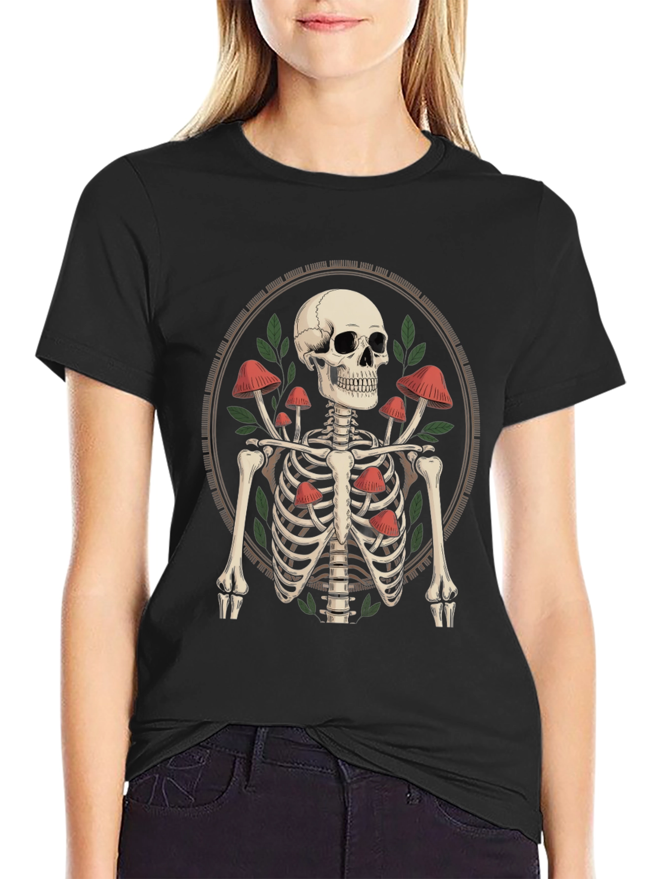 Black Mushroom Skeleton Graphic Tee - Edgy Unisex T-Shirt view 2