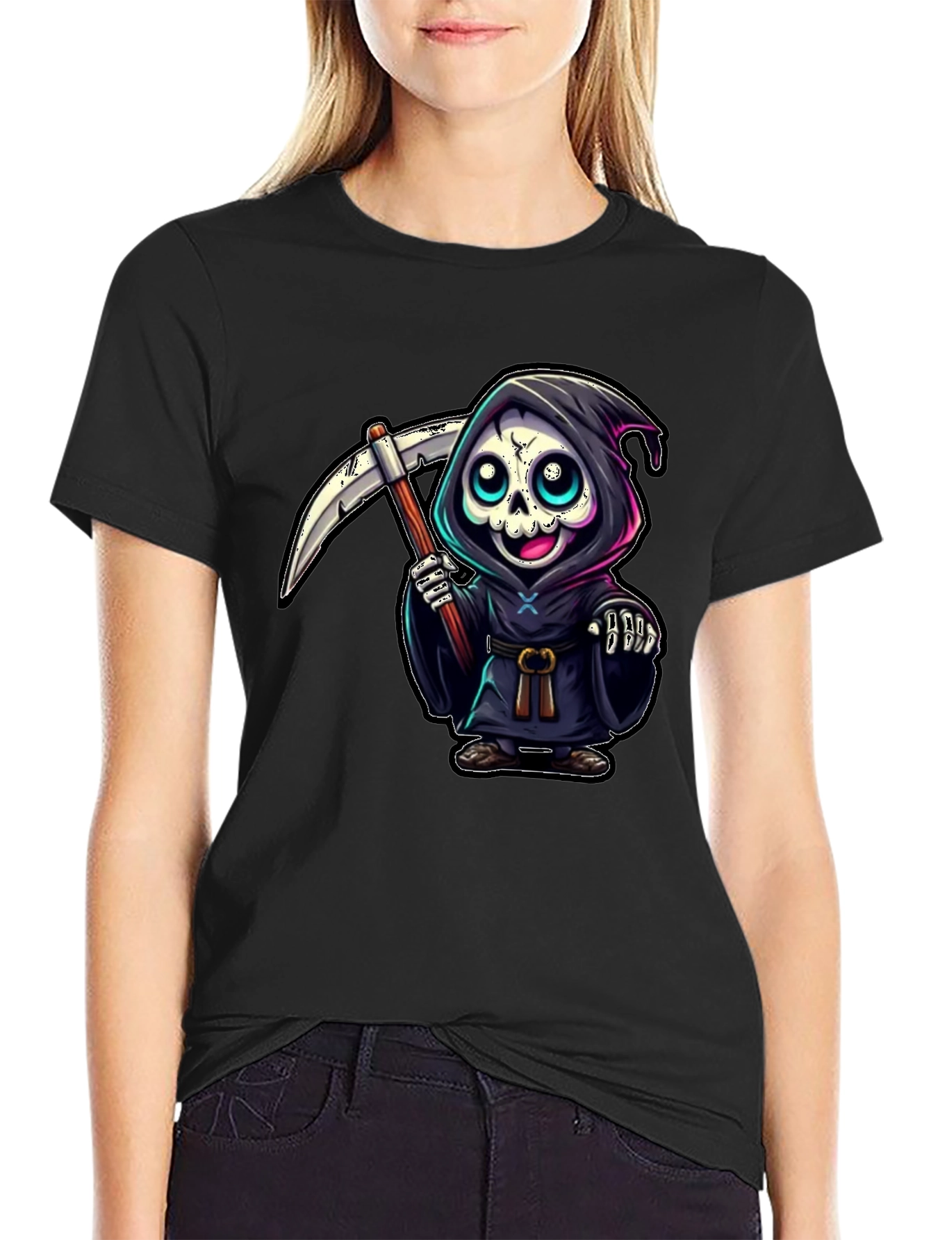 Black Grim Reaper Cartoon Graphic Tee view 2