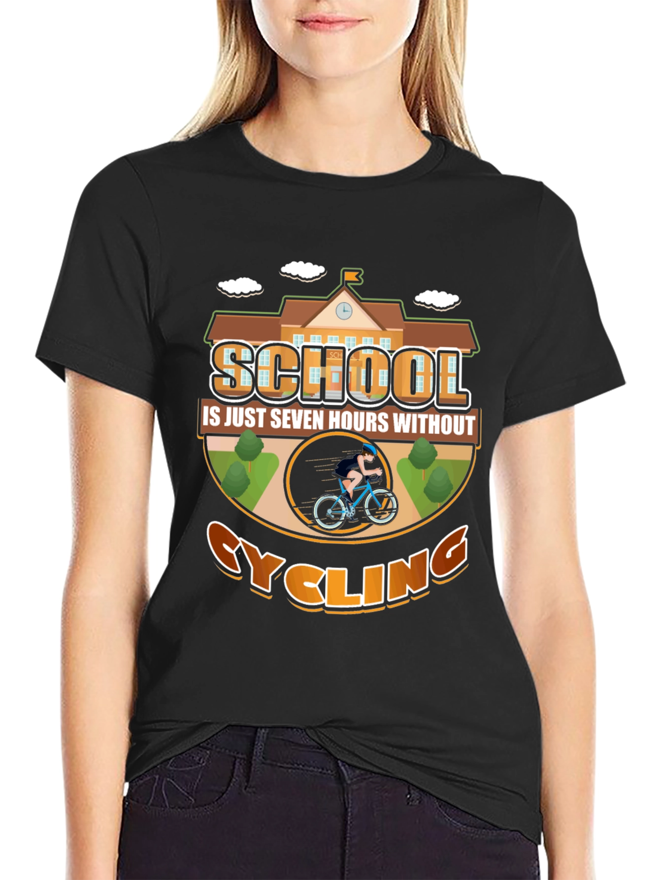 Black Cycling School T-Shirt: Seven Hours Without Cycling view 2