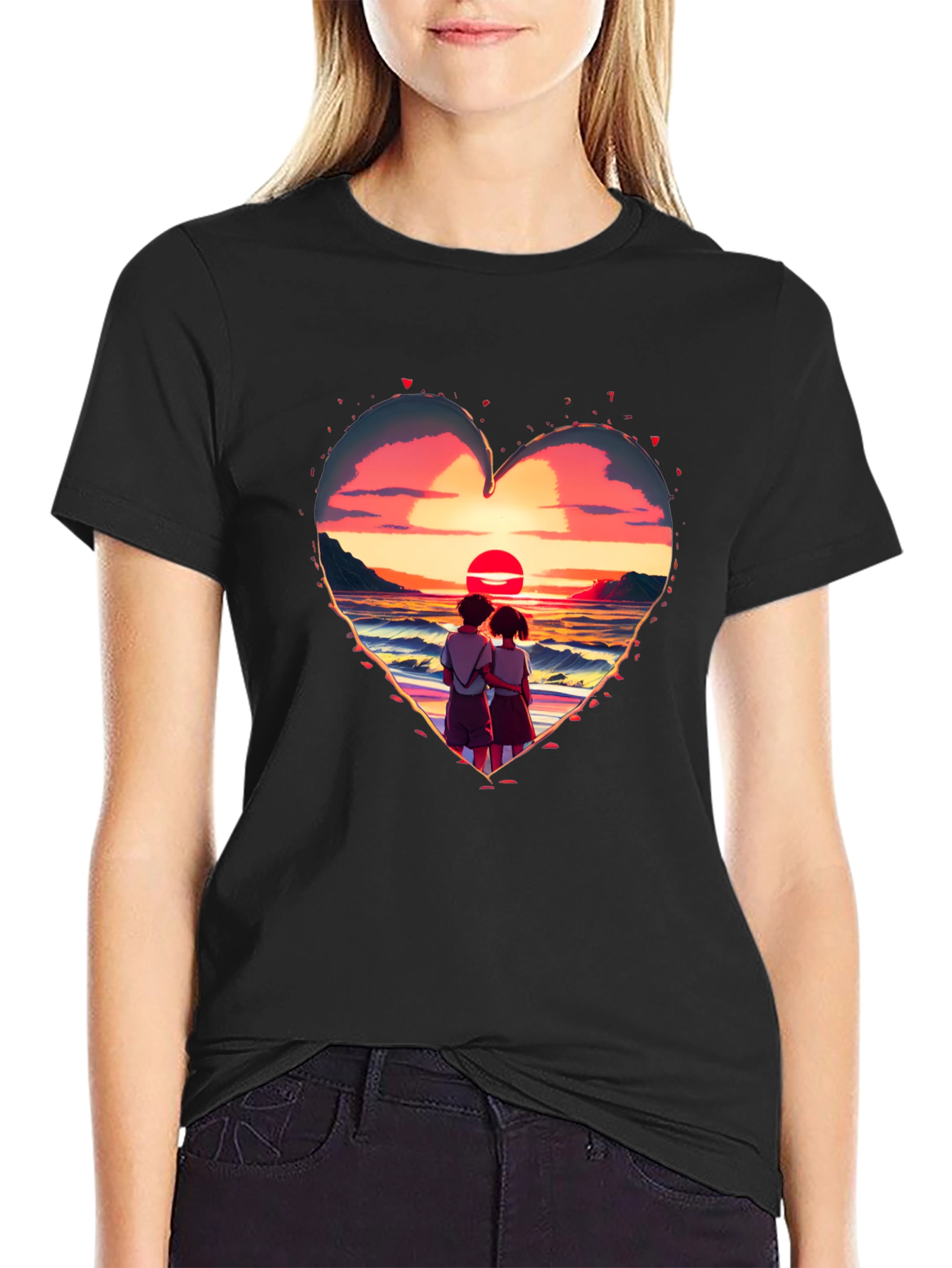 Black Sunset Lovers Heart Graphic Tee - Romantic Style view 2