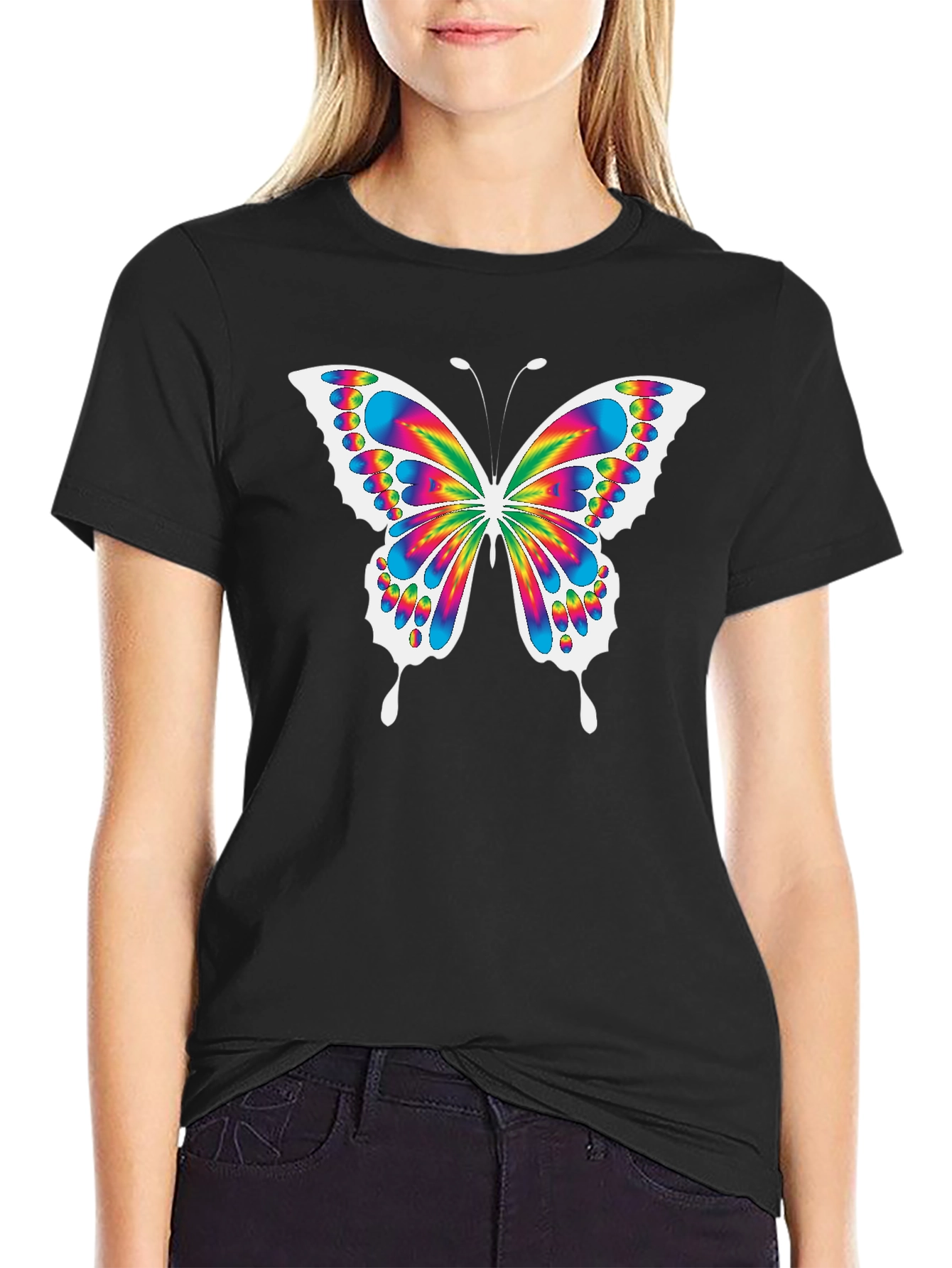 Black Rainbow Butterfly Graphic Black T-Shirt view 2