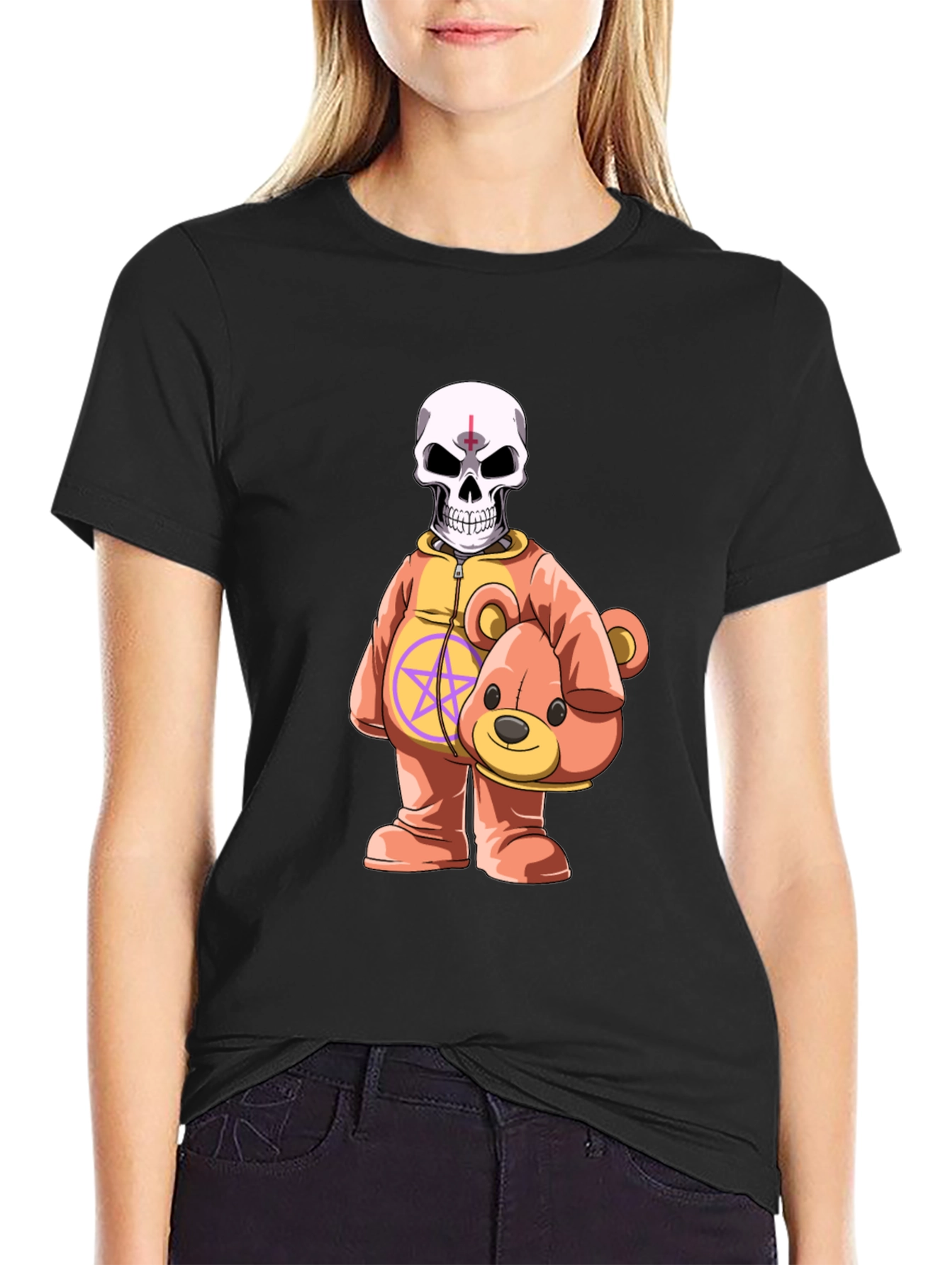 Black Skull Teddy Bear Graphic Tee - Edgy Novelty Shirt view 2
