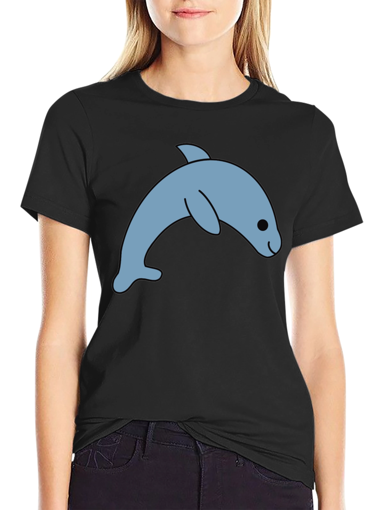Black Cute Dolphin Graphic Tee - Black Cotton T-Shirt view 2